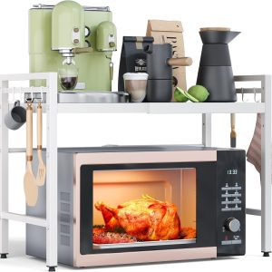 NETEL Expandable Microwave Stand,2 Tier Metal Kitchen Countertop Organizer Shelves with 8 Hooks,Bakers Rack,Microwave Shelf,Microwave Oven Rack,55lbs Weight Capacity
