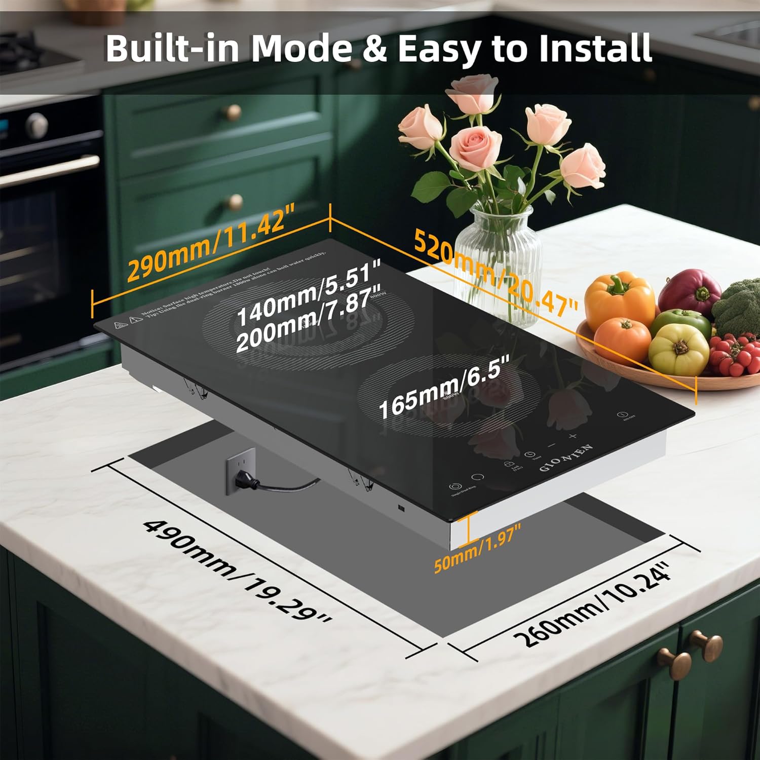Electric Cooktop 2 Burners 110V~120V, 12'' Plug in Electric Stove Top,Countertop or Built-in,Ceramic Glass,Sensor Touch Control,Timer,9 Power Levels,Portable,1800W - Image 5