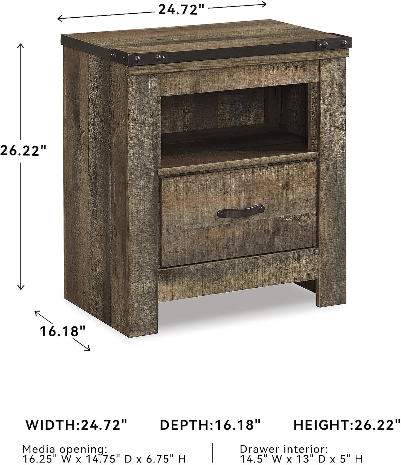 Signature Design by Ashley Trinell Rustic 1 Drawer Nightstand, USB Charing, Storage Cubby, Nailhead Accents, Wood, 24.72" W x 16.18" D x 26.22" H, Warm Brown - Image 3