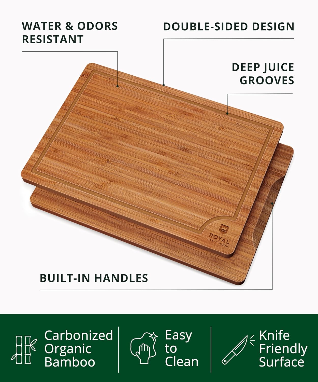 ROYAL CRAFT WOOD Wooden Cutting Boards for Kitchen Meal Prep & Serving - Bamboo Wood Serving Board Set with Deep Juice Groove Side Handles - Charcuterie & Chopping Butcher Block for Meat (3 Pcs) - Image 2