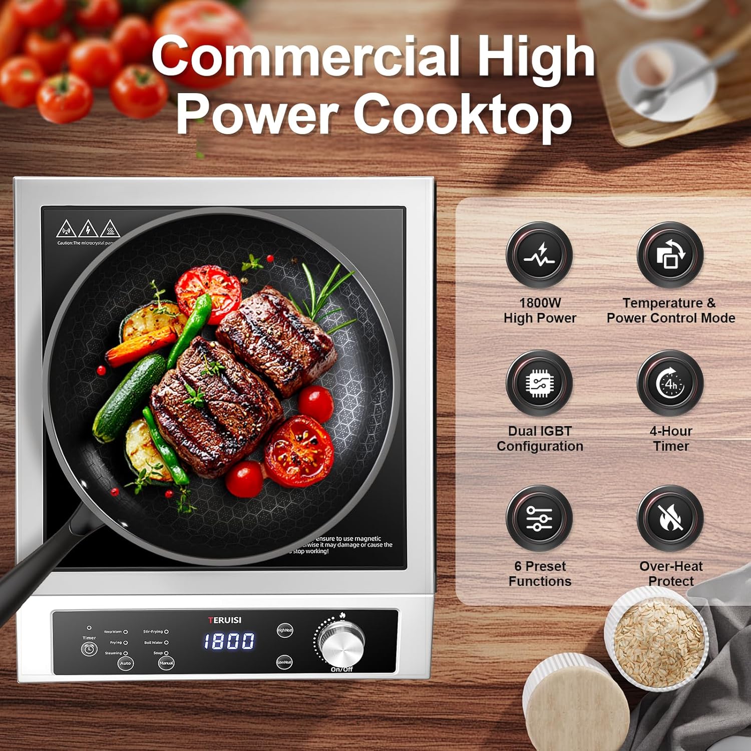 Induction Cooktop Commercial, 1800W Electric Stove with 18/10 Stainless Steel, 4 Hours Timer, 6 Preset Functions, 8 Temp/Power Levels, Portable Countertop Burner for RV Home Kitchen - Image 2