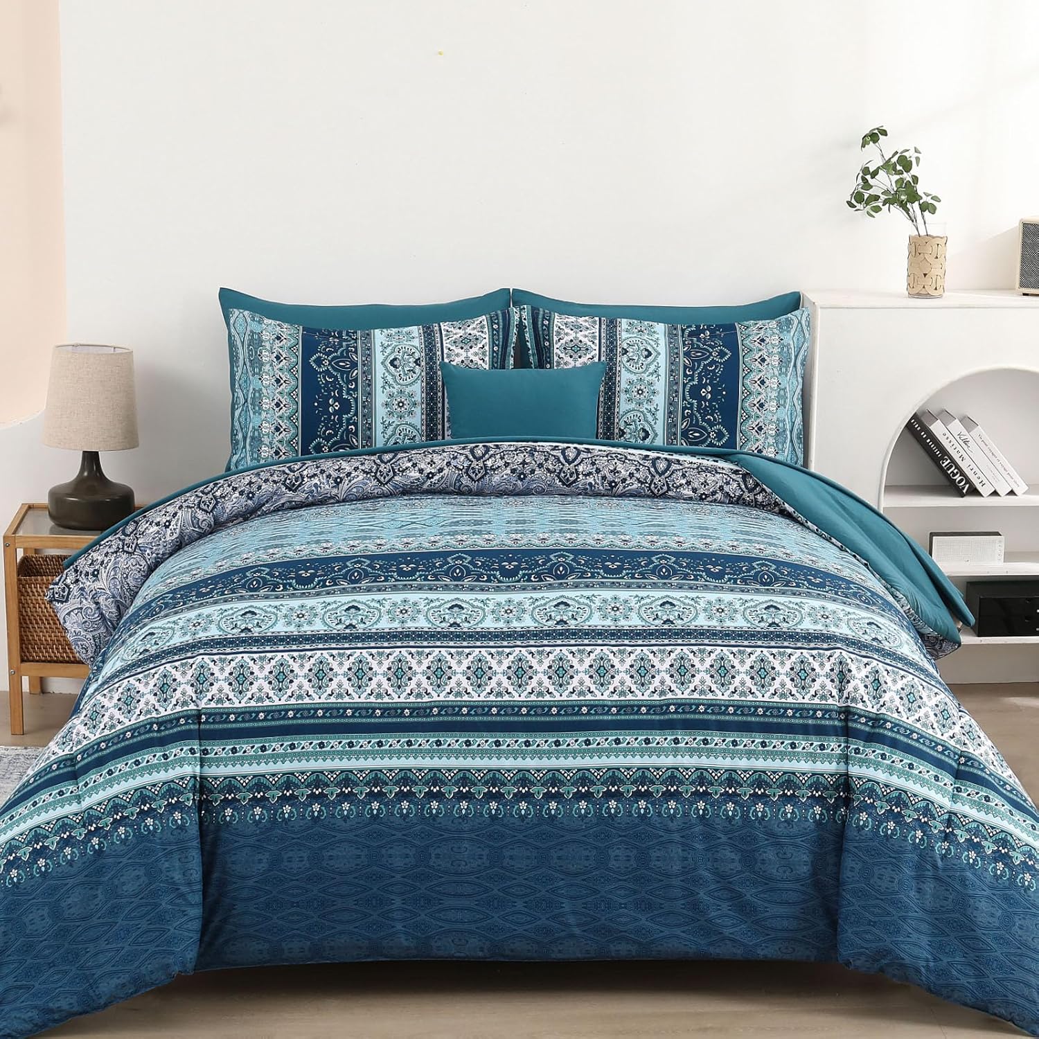 Cottolester Boho Blue Comforter Set Queen Size 8 Pieces,Teal Blue Comforter Bohemian Striped Bed in A Bag,Soft Microfiber Bedding Set for All Seasons