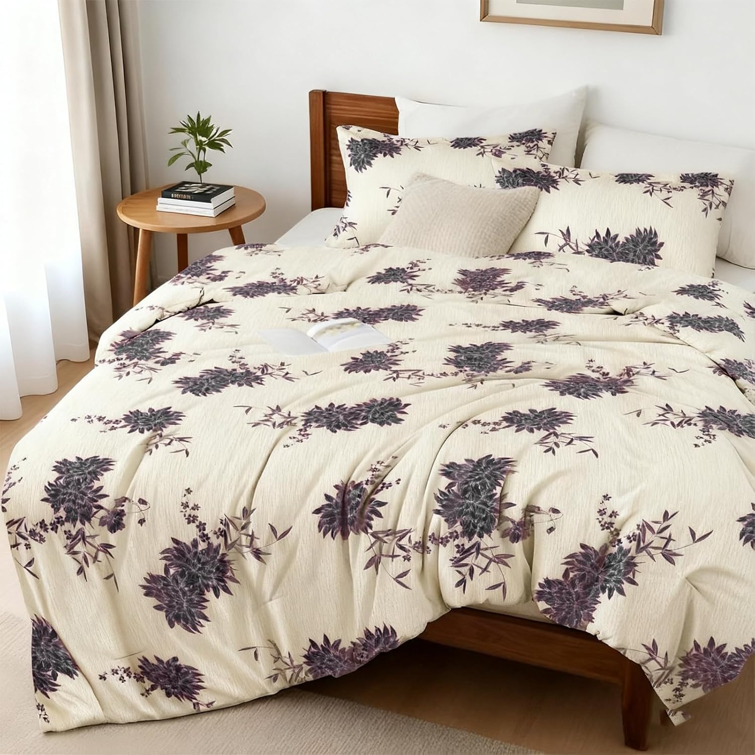 Large Bed Set – Floral Pattern Bed Set, 4-Piece Bedding, 1 Soft Plant Floral Duvet Cover, 1 Comfortable Plant Bed Sheet, and 2 Pillowcases (Cream, King 104 * 90)