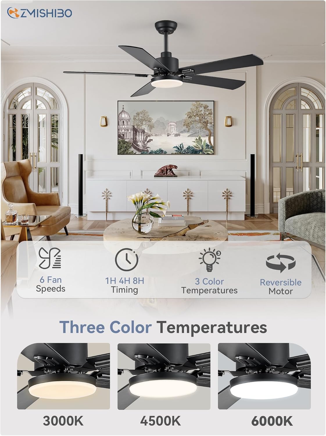 ZMISHIBO 2 Pack 52" Ceiling Fans with Lights, Black Modern Ceiling Fan with Remote, Farmhouse Indoor Ceiling Fan with Dual Finish Blades, Quiet & Strong Motor, Bright LED Light. - Image 2