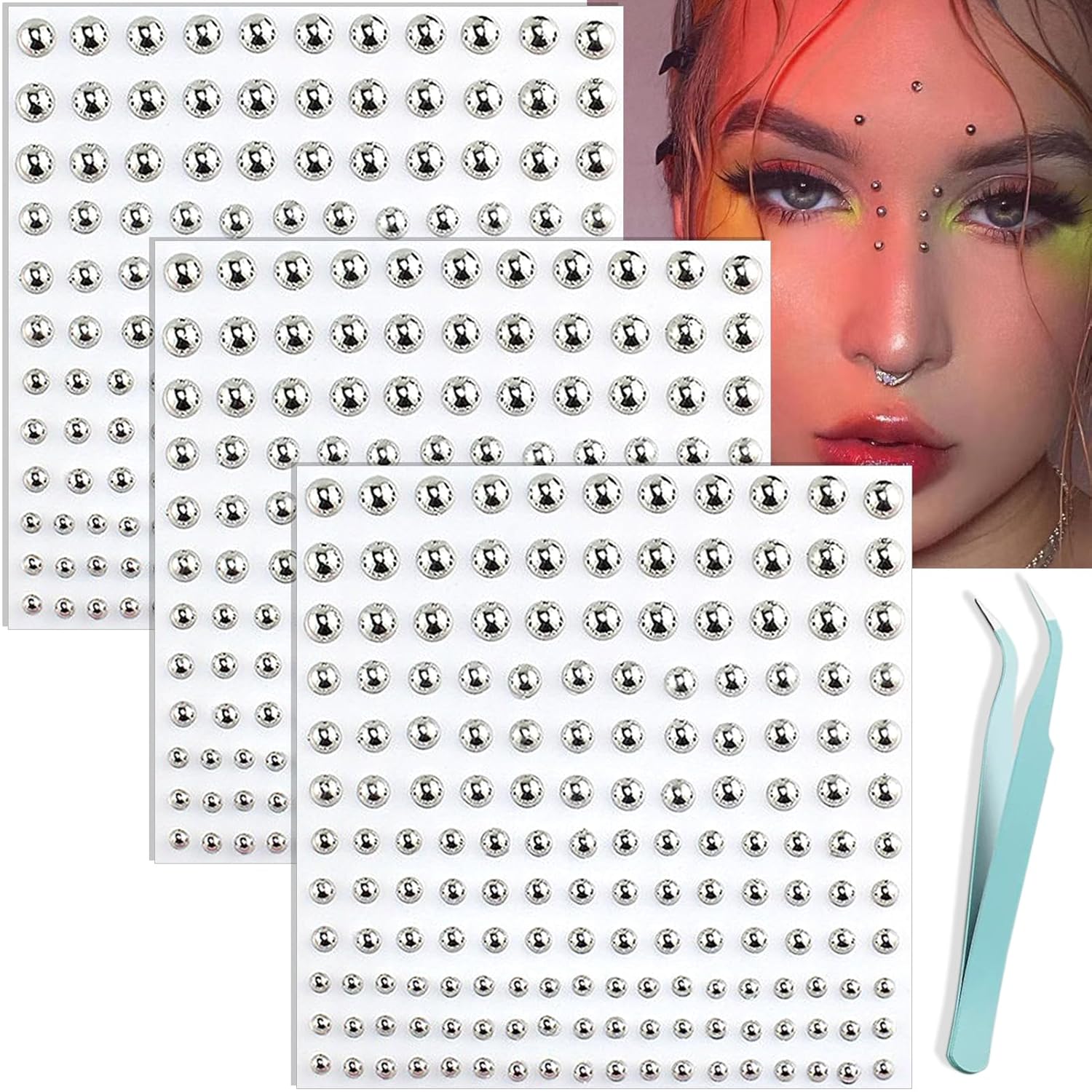 NOOEPC Face Gems Lip Stud, Fake Piercings y2k Accessories Nose Stud Eyebrow Stud, Non Piercing Nose Stick on Silver Belly Button Sticker, Face Sticker Ring Cool Punk Y2K Makeup for Women Men