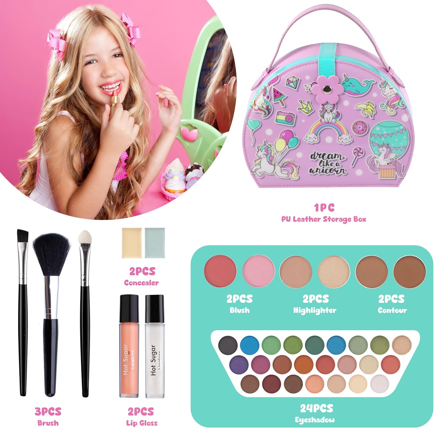 Hot Sugar Kids Makeup Kit, Girls Makeup Kit Age 4-6 7-8 10-12, Unicorn Gift for Girls Birthday Christmas (Pink) - Image 3