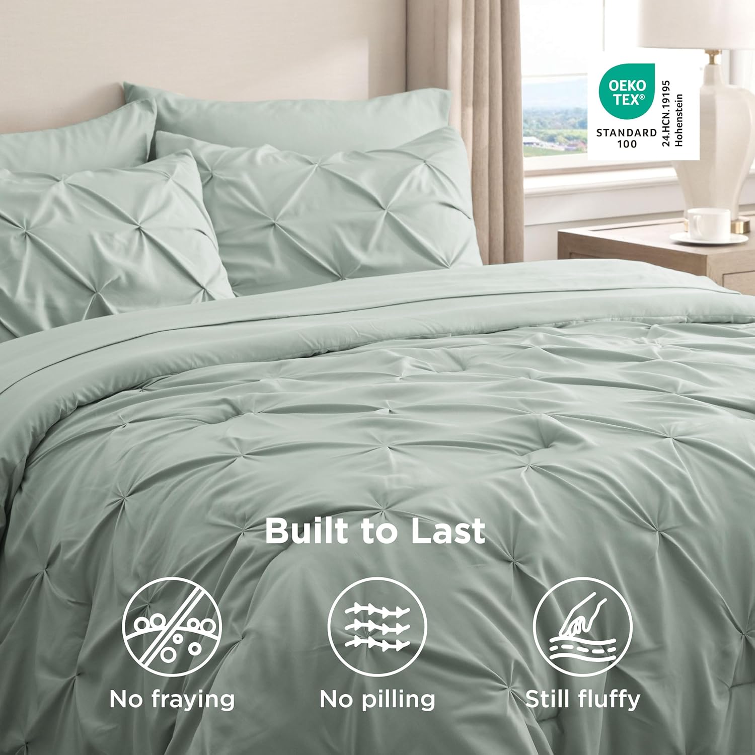 Bedsure Queen Comforter Set Sage Green - Bed in a Bag Queen Size Bedding 7 Pieces, GentleSoft™ Pintuck Bed Set Gift for Family, Pinch Pleat All Season Comforter with Sheets, Pillowcases & Shams - Image 7