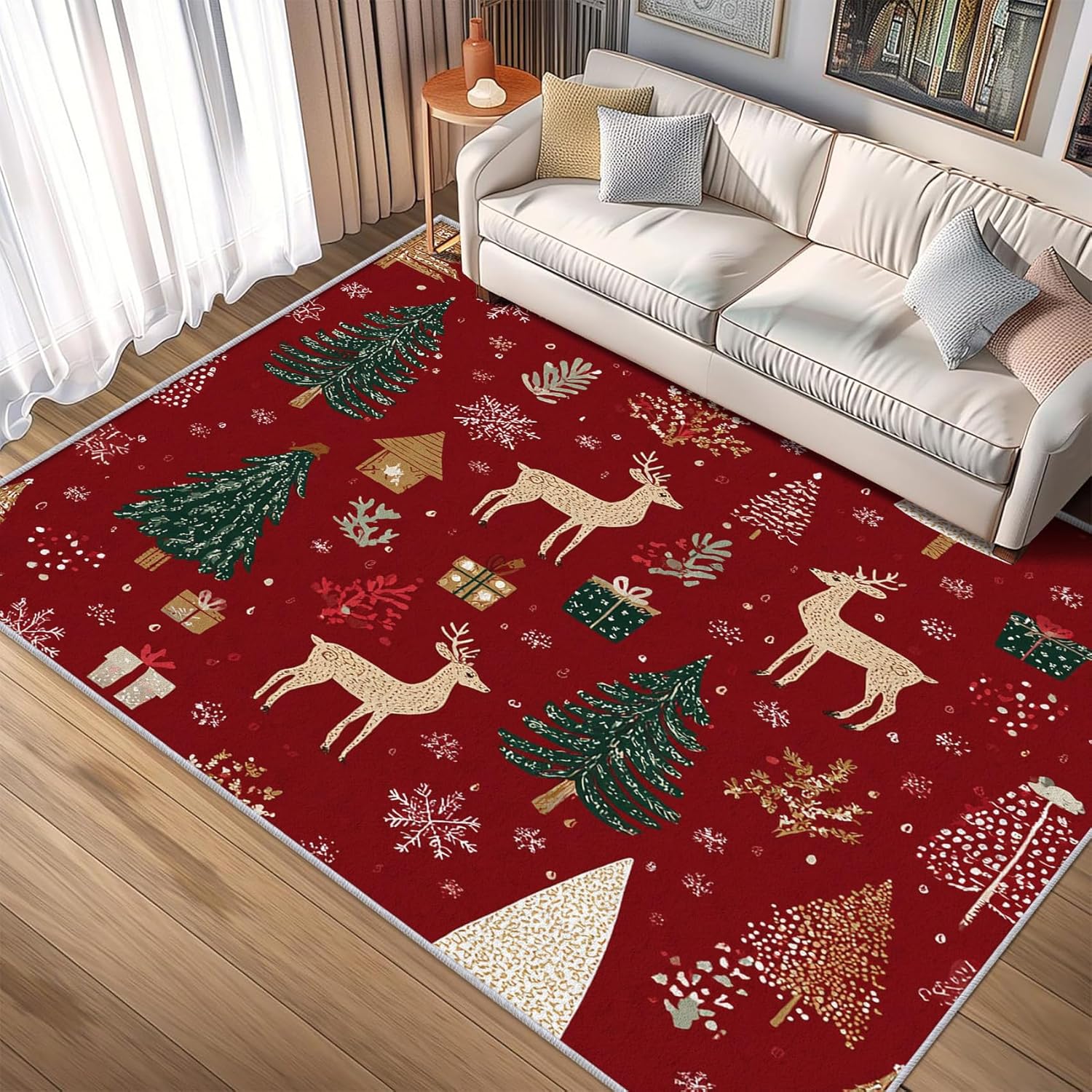 Washable 5×5 Christmas Rug Living Room, Reindeer Xmas Tree Holiday Theme Design Area Rugs for Bedroom, Christmas Home Decor Carpet, Low Pile, Non Slip, Kids & Pet Friendly (I0548)