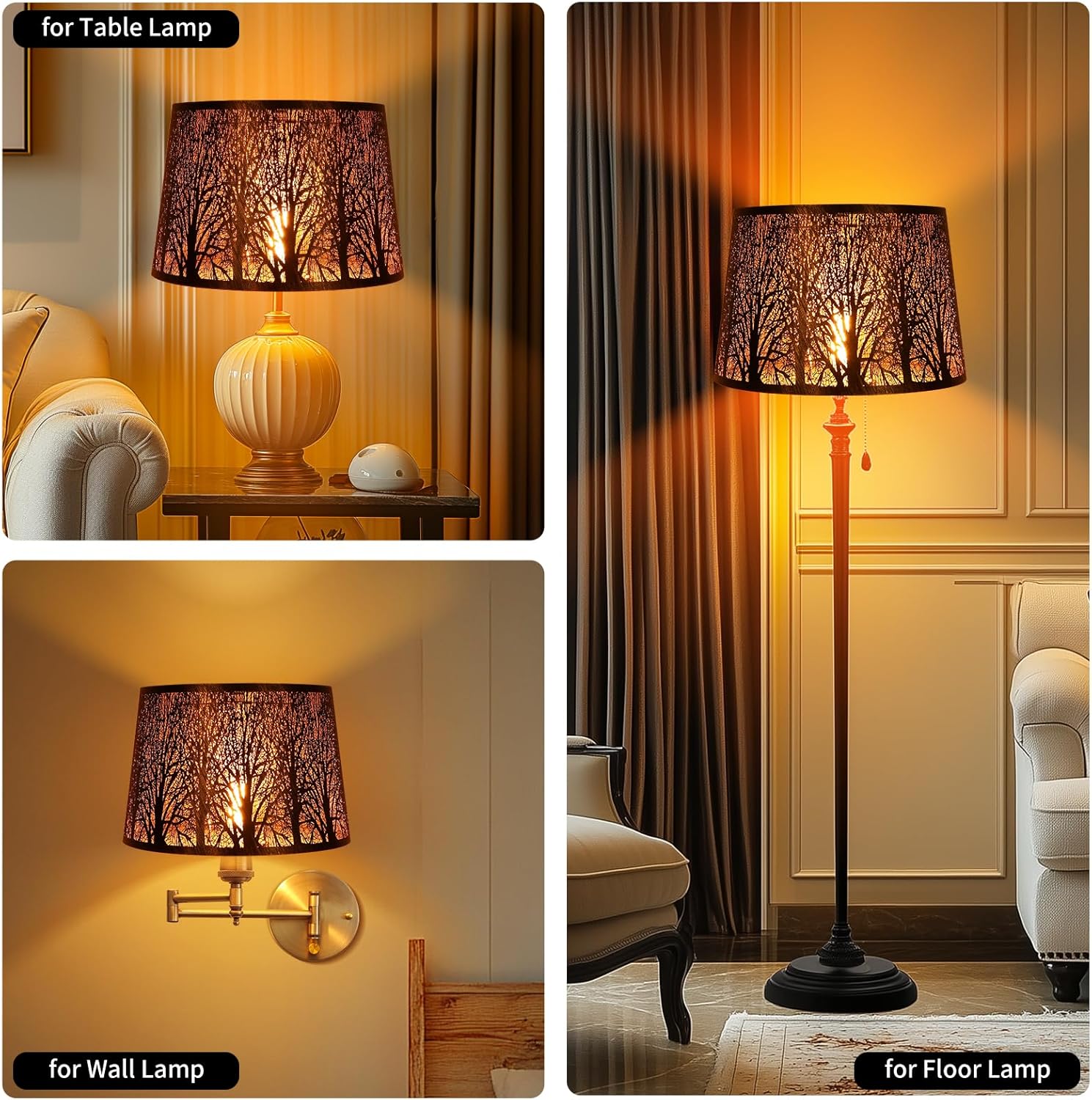 Etched Forest Metal Lampshade, ALUCSET Drum Metal Lamp Shade for Table Lamp,10" Top x 12" Bottom x 8" High Replacement Vintage Lamp Shade, Pattern of Trees Spider Lamp Cover (Antique Bronze Gold) - Image 7