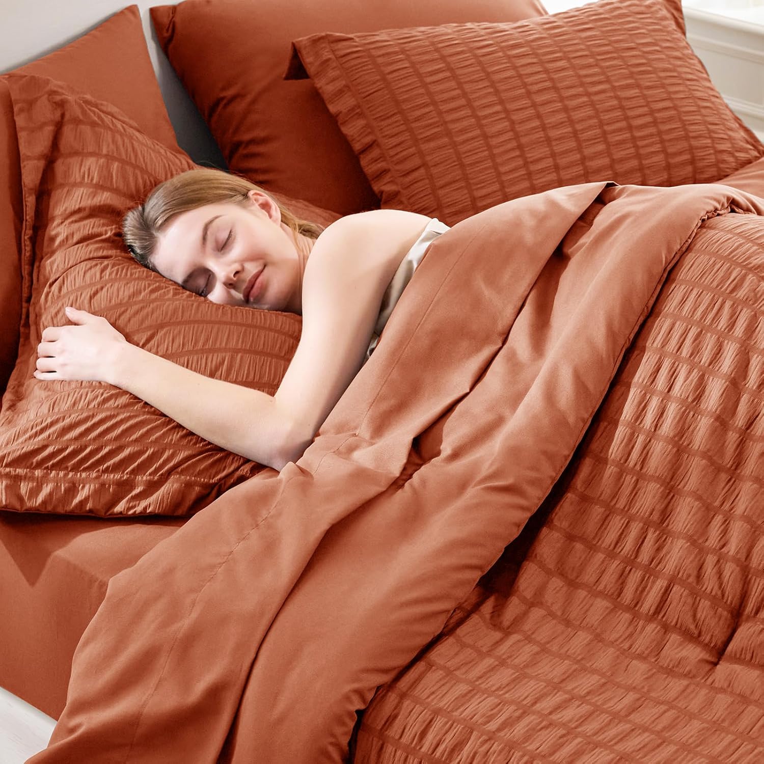 CozyLux Full Size Comforter Sets with Sheets Seersucker 7 Pieces Burnt Orange Bed in a Bag Luxury Terracotta Bedding Set with Down Alternative Comforter, Sheets, Pillowcases & Shams for All Seasons - Image 5