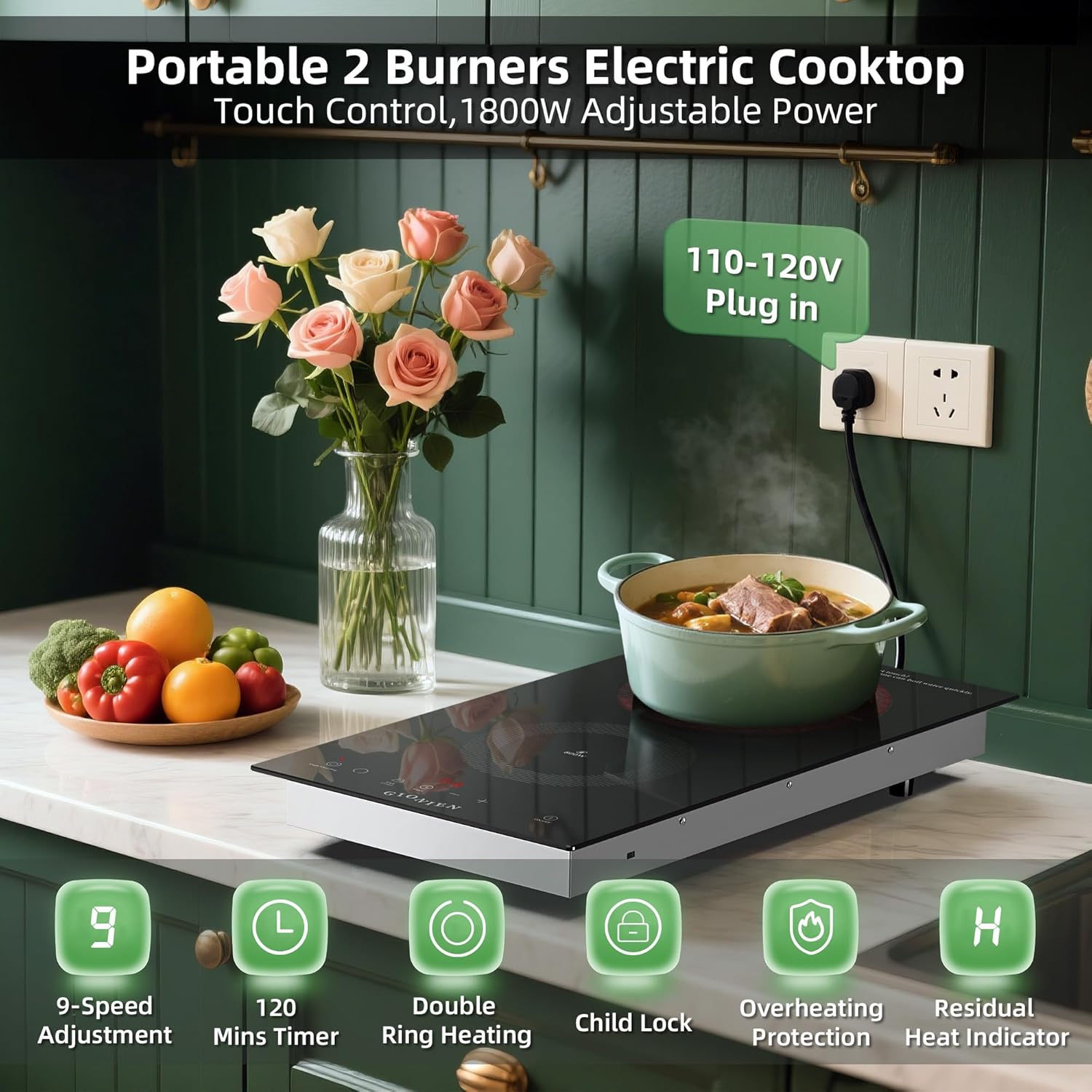 Electric Cooktop 2 Burners 110V~120V, 12'' Plug in Electric Stove Top,Countertop or Built-in,Ceramic Glass,Sensor Touch Control,Timer,9 Power Levels,Portable,1800W - Image 6