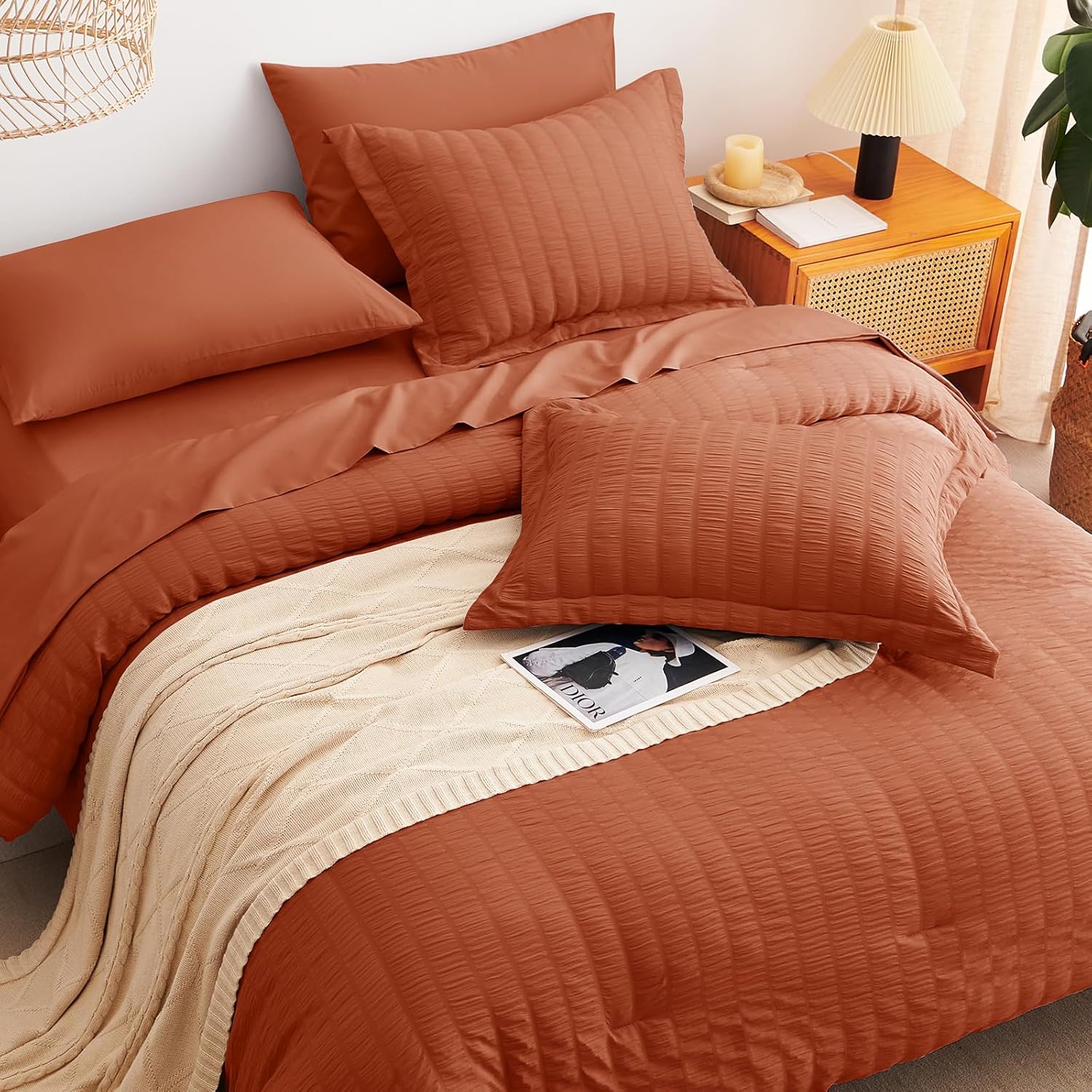 CozyLux Full Size Comforter Sets with Sheets Seersucker 7 Pieces Burnt Orange Bed in a Bag Luxury Terracotta Bedding Set with Down Alternative Comforter, Sheets, Pillowcases & Shams for All Seasons - Image 6