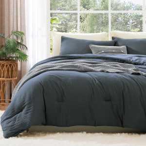 WRENSONGE Queen Comforter Set - 3 Pieces Prewashed Blue Grey Comforter Soft Lightweight for All Seasons,Down Alternative Comforters Queen Size with 2 Pillow Shams