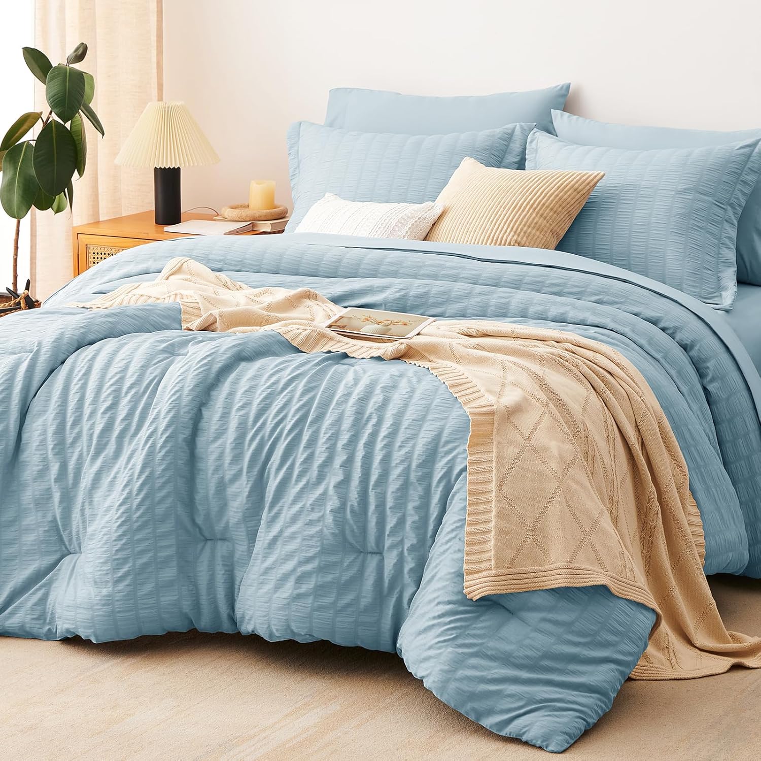CozyLux King Size Comforter Set Light Blue Seersucker 7 Pieces Bed in a Bag King Comforter Set with Sheets, Luxury Bedding Set with Down Alternative Comforter, Sheets, Pillowcases & Shams All Seasons
