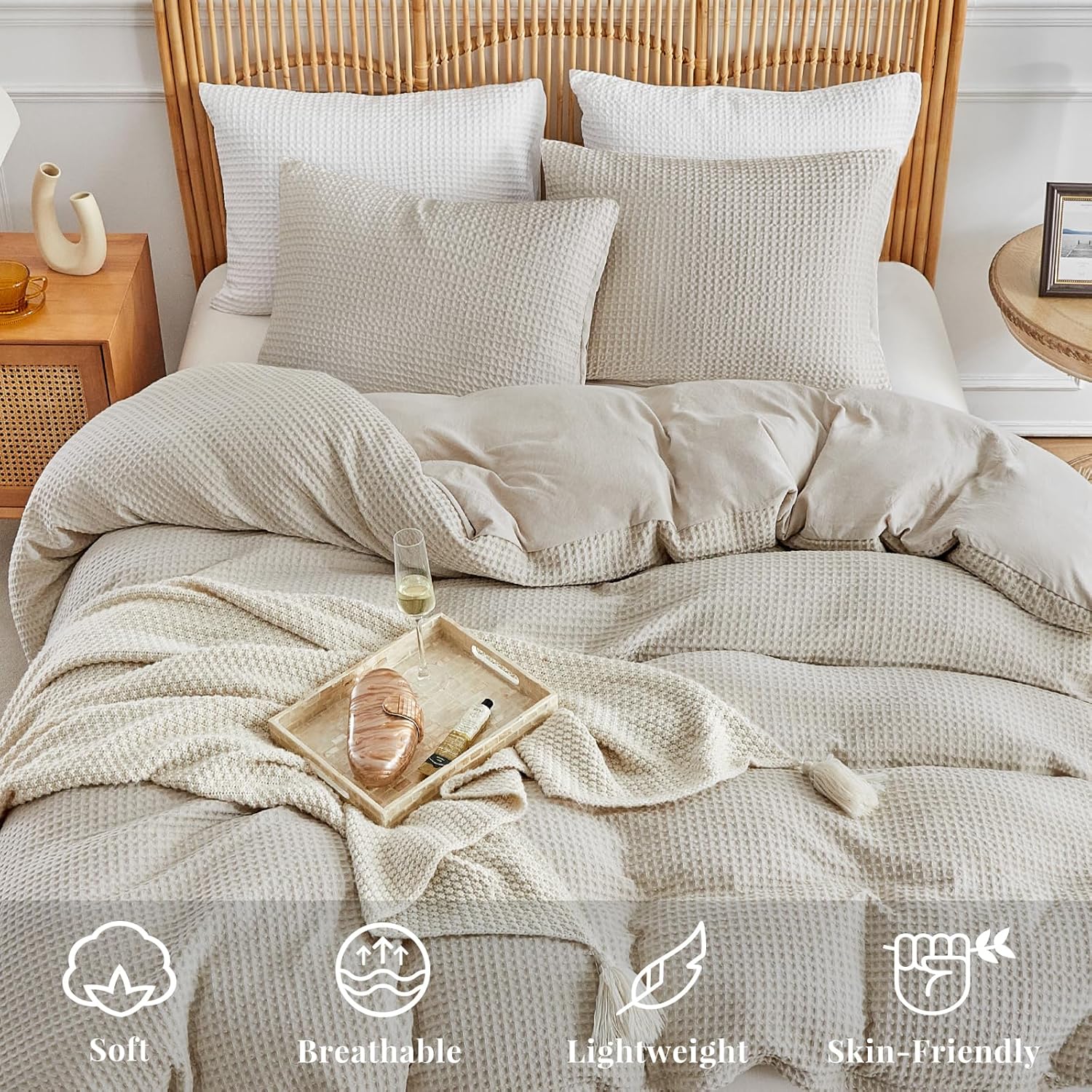 WARMDERN Waffle Weave Duvet Cover Queen Size, Khaki Textured Duvet Cover Set, Soft and Breathable Comforter Cover, 3 Pieces Microfiber Bedding Set for All Season(Khaki,Queen) - Image 2