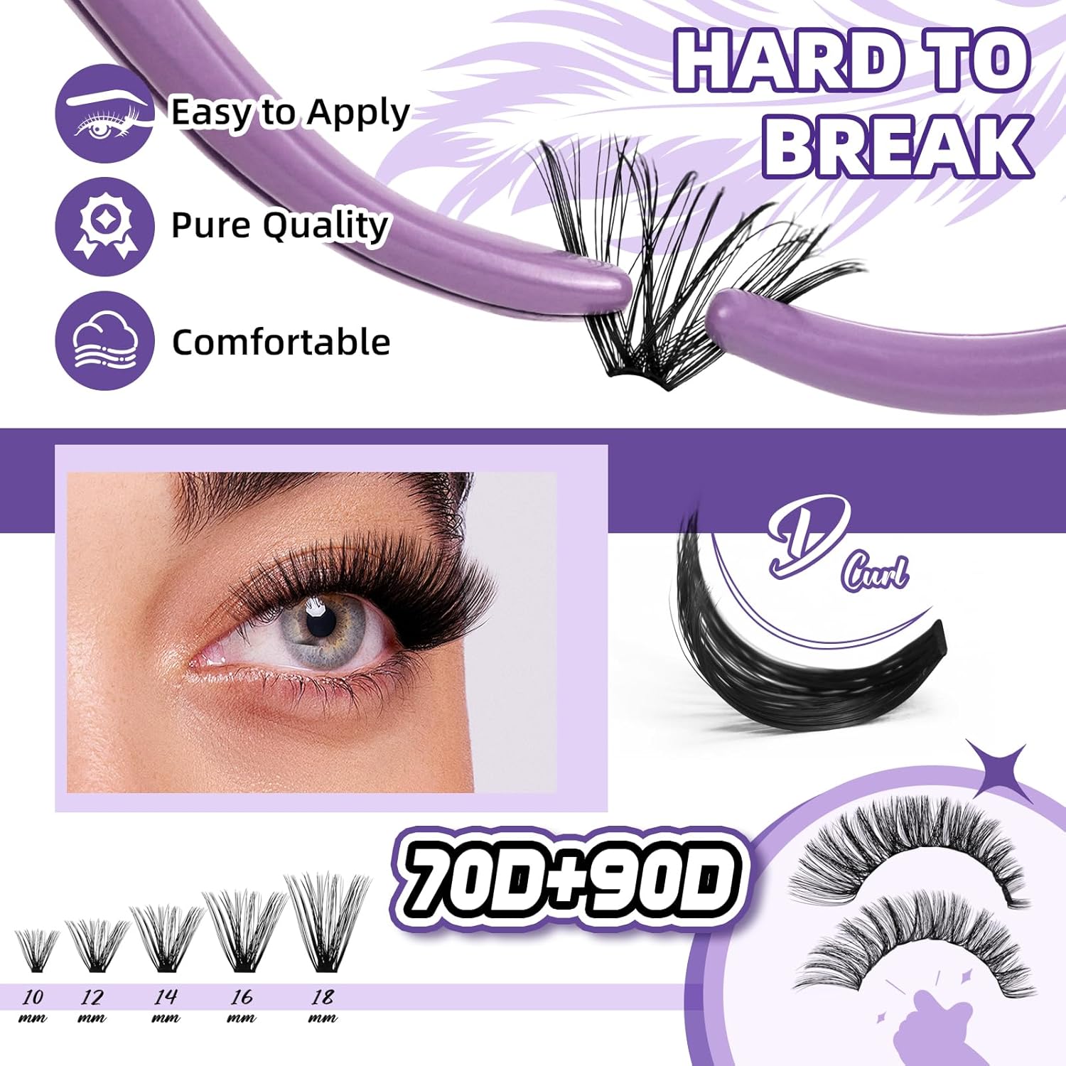 B&Q Fluffy Lash Clusters Kit 280PCS UltraSoft Cluster Eyelash Extensions, 70+90D Volume Eyelash clusters 10-18mm Lash Extension Kit, D Curl Individual Lashes kit with lash Applicator Tool (70+90D Set) - Image 3