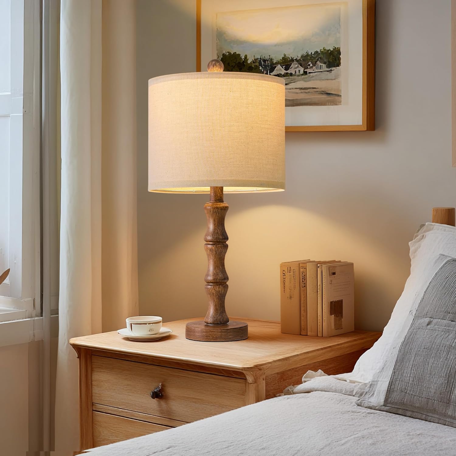 BOBOMOMO 20.5" Rustic Table Lamps Set of 2, Farmhouse Nightstand Lamp with Wood Grain Resin Base & Linen Shade, Small Bedside Lamp for Bedroom, Living Room & Apartment Décor- Ideal for Small Spaces - Image 2