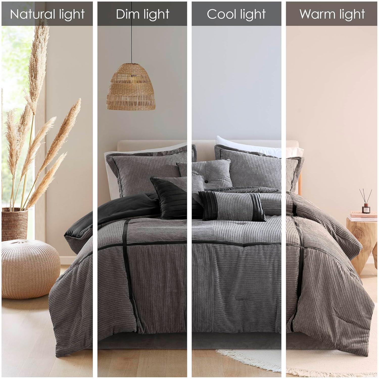 CHARMMA 7 Piece Micro Corduroy Comforter Set Grey Cal King, Grey, 104.00x92.00x1.50in - Image 4