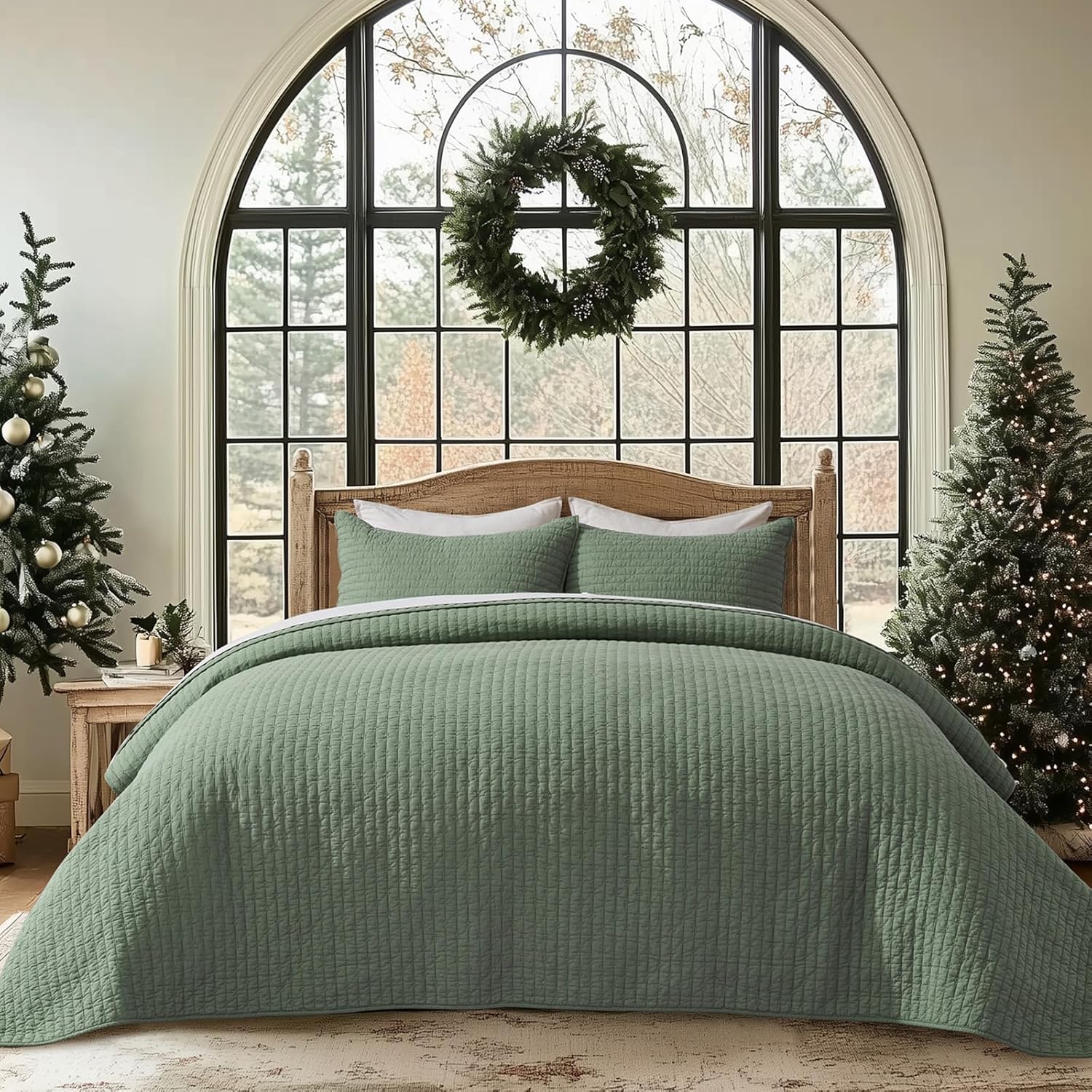 EVERGRACE Cross Stitch Pre-Washed Cotton Quilt Bedding Set King Size, Oversized 3 Pieces Lightweight Bedspread Coverlet for All Season, with 2 Matching Shams, Olive Green,108″x96″