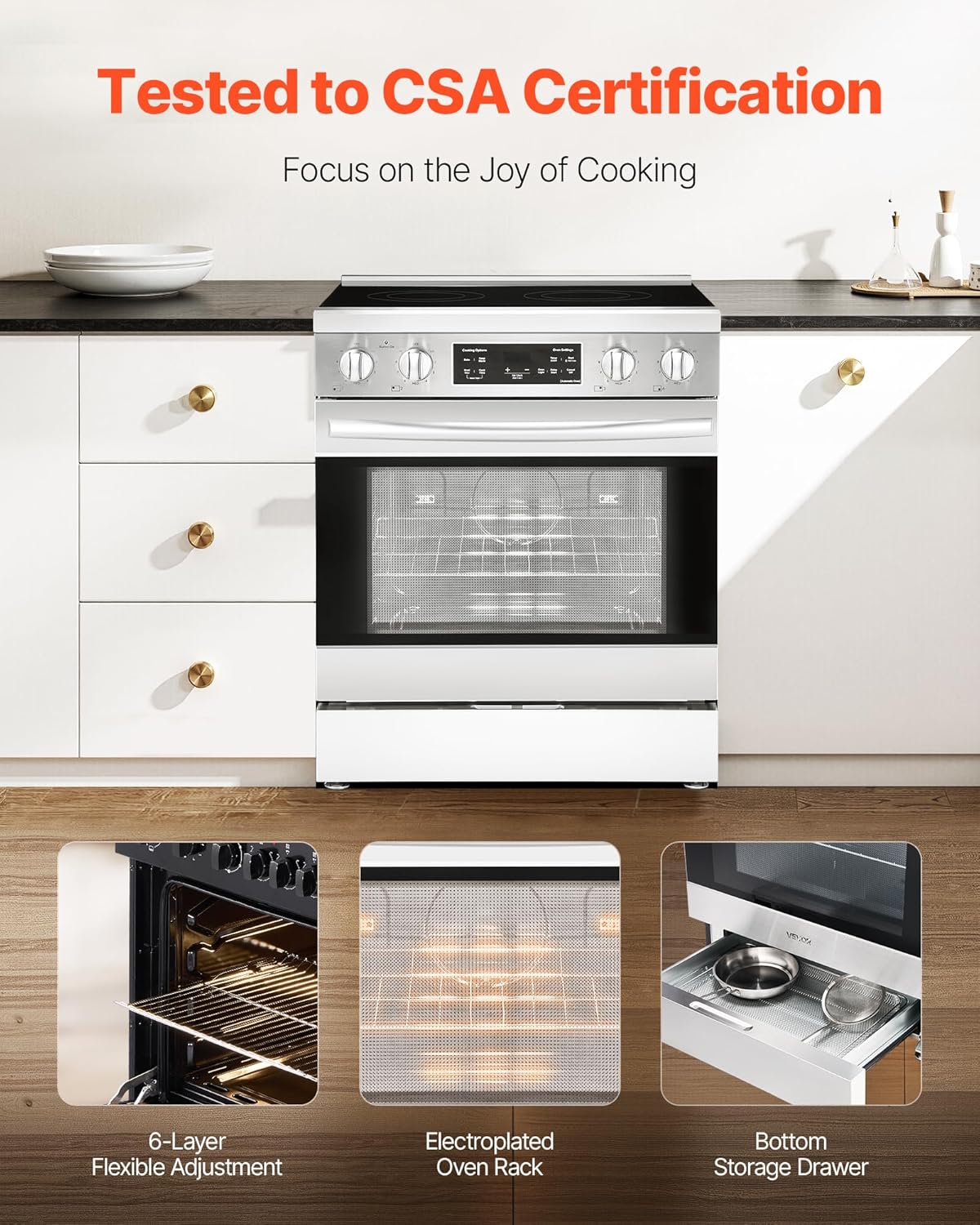 VEVOR 30in Electric Range Oven, 4.8Cu. Ft. Capacity Compact Freestanding Oven, Stainless Steel Kitchen Stove, with 4 Cooktop Burners, Easy Reach Racks, Storage Drawer, Indicator Light(No Power Cord) - Image 6