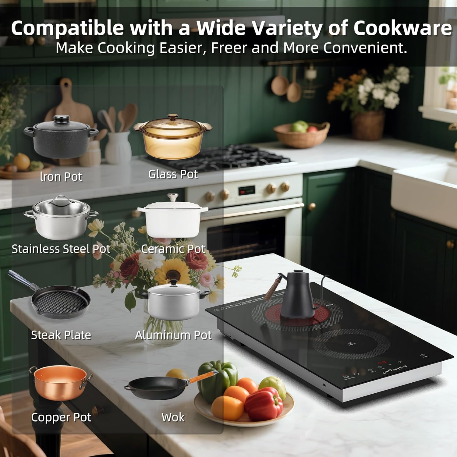 Electric Cooktop 2 Burners 110V~120V, 12'' Plug in Electric Stove Top,Countertop or Built-in,Ceramic Glass,Sensor Touch Control,Timer,9 Power Levels,Portable,1800W - Image 4