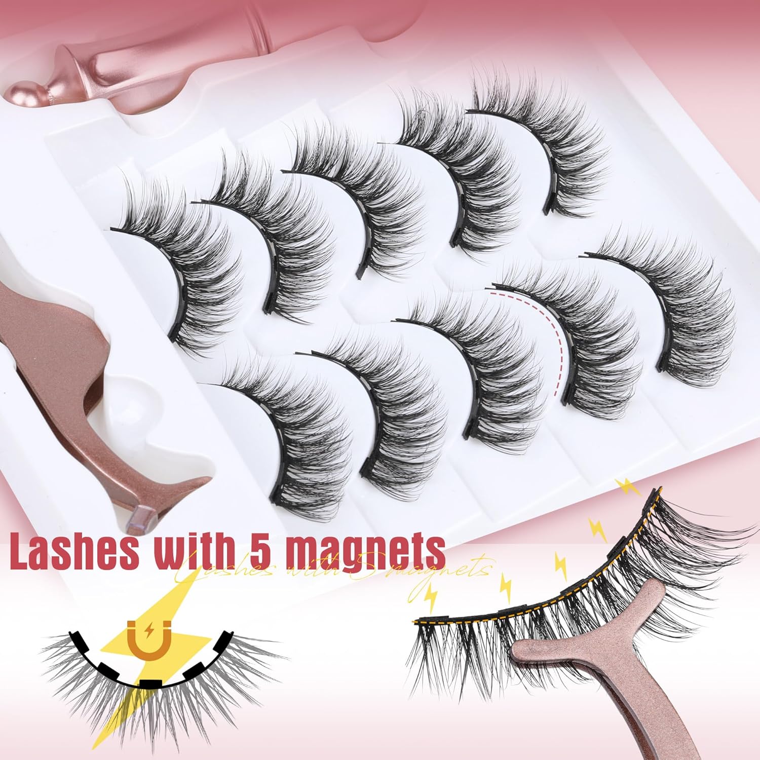 Magnetic Eyelashes with Eyeliner Natural Look Magnetic Lashes with Applicator No Glue Needed Cat Eye Lash Wispy Magnet Lash 5 Pairs with Magnet Eyeliner - Image 3