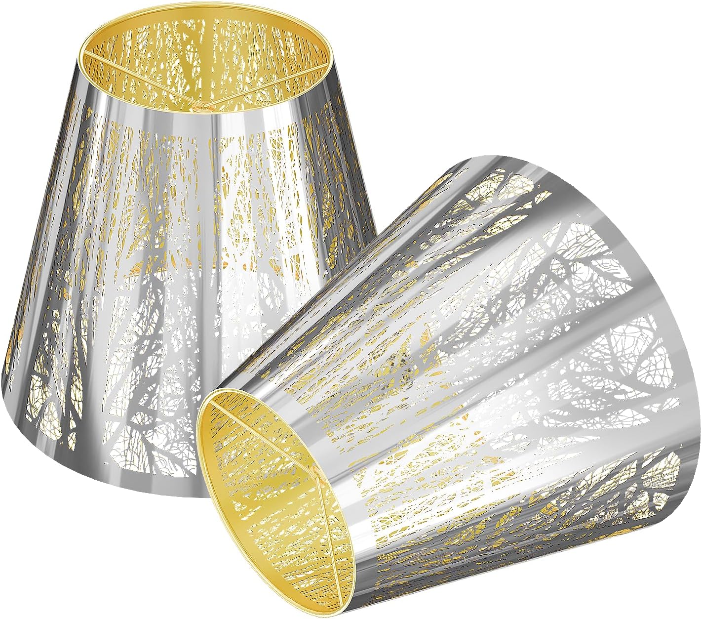 Small Lamp Shades Set of 2 Clip On Bulb, Stainless Steel Barrel Lampshades for Table Chandeliers Wall Floor Lamp Replacement, 4″ Top x 7″ Bottom x 6″ High, Chrome&Gold Plated Forest Tree Pattern