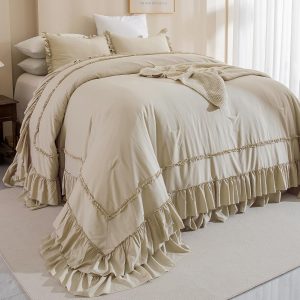 QSH Wheat Oversized King Comforter Set 120x120, Farmhouse Ruffled Bedding Comforter French Country Shabby Vintage Bed Comforter Microfiber Soft Lightweight Fluffy Bedding 3 PCs