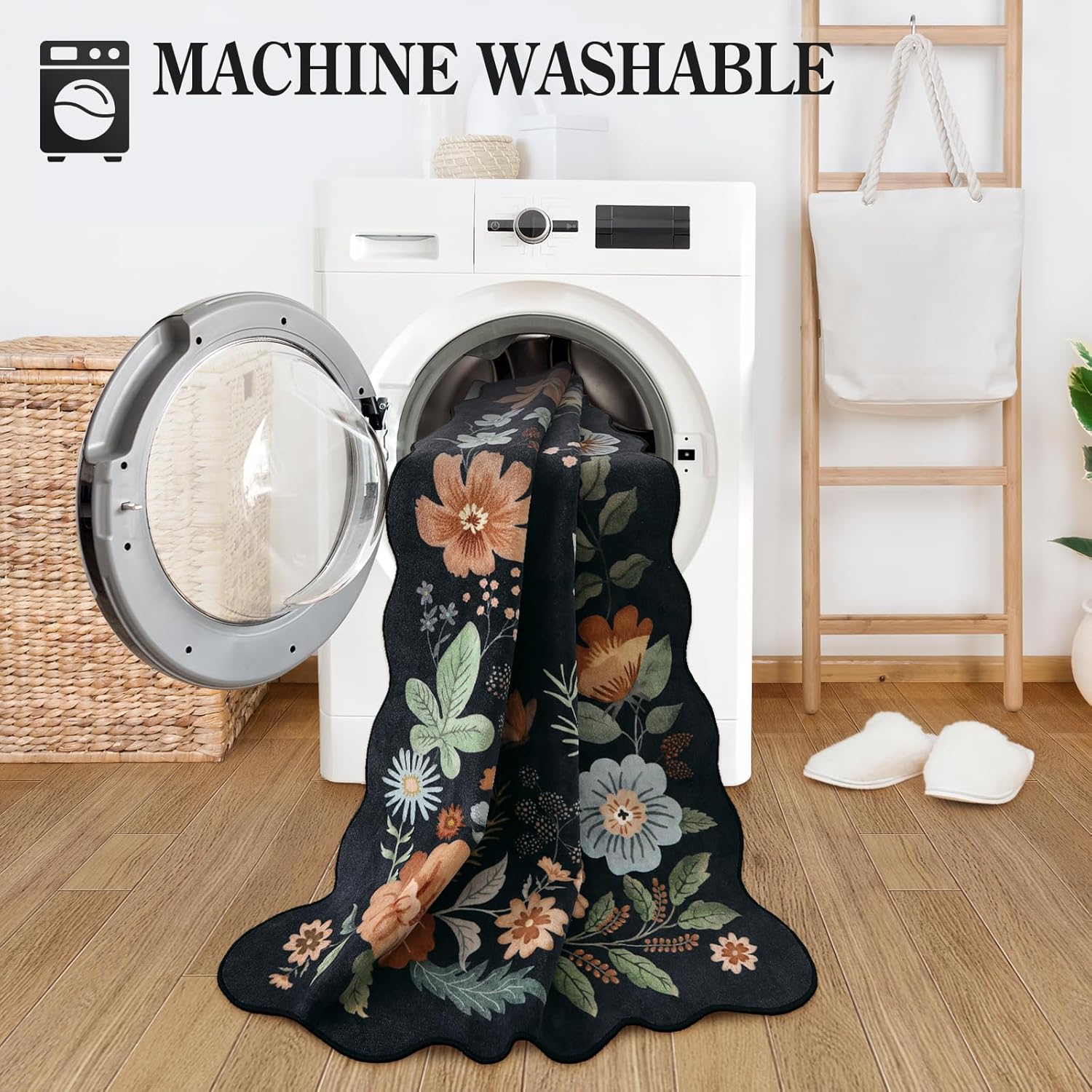 Lahome Floral Rugs for Living Room, 5x7 Area Rugs Ultra-Thin Soft Washable Rug, Non-Slip Bedroom Rug Stain Resistant Lightweight Boho Low-Pile Throw Carpet for Dining Room Office (5x7ft,Black/Grey) - Image 4