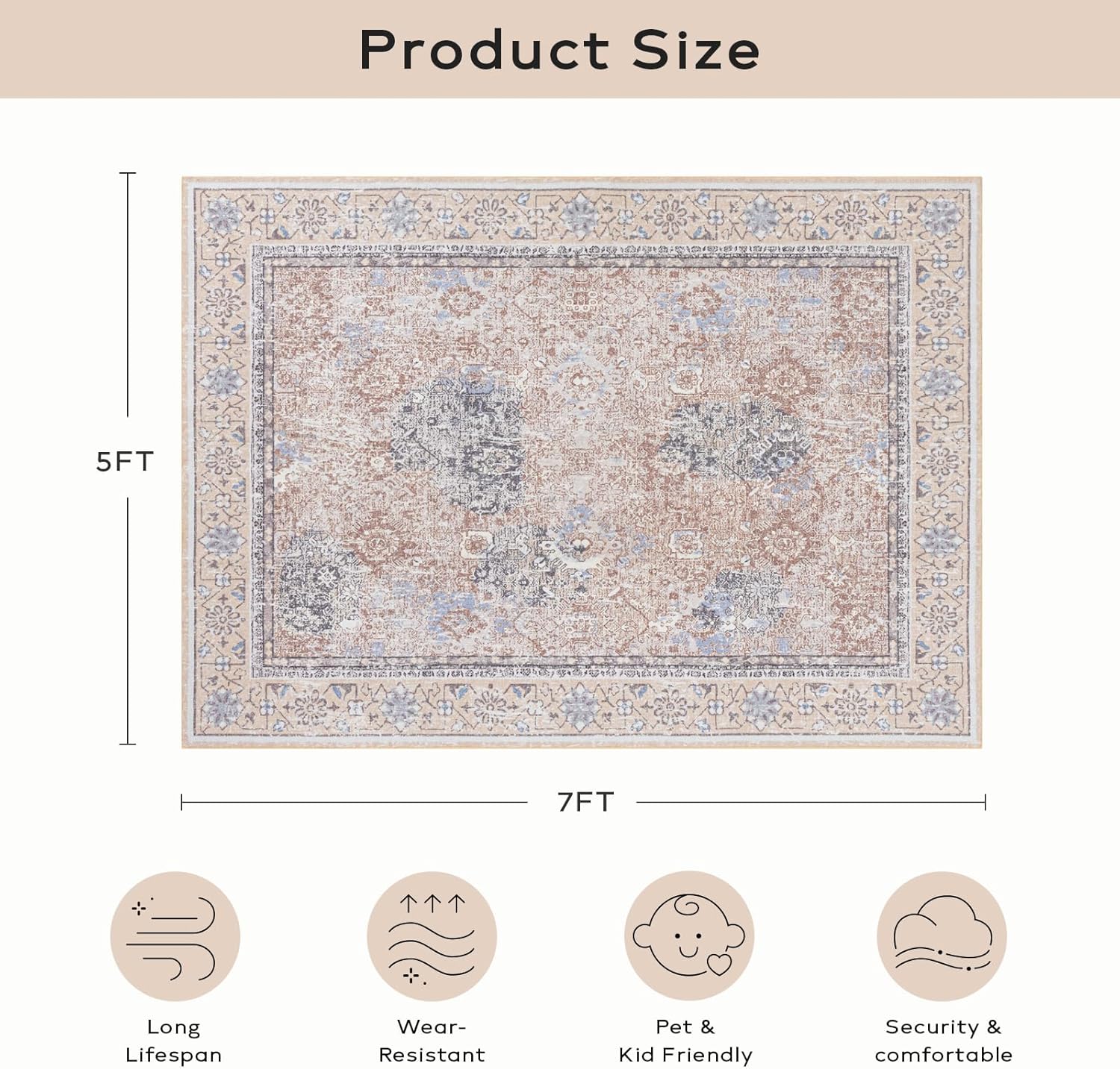 Ashler Boho Rug, 5x7 Area Rugs, Vintage Rugs, Large Area Rugs for Living Room, Bedroom, Kitchen, Dinner, Beige/Natural/Light Coffee Home Decor, Non-Slip & Machine Washable Rugs, Rectangular - Image 2