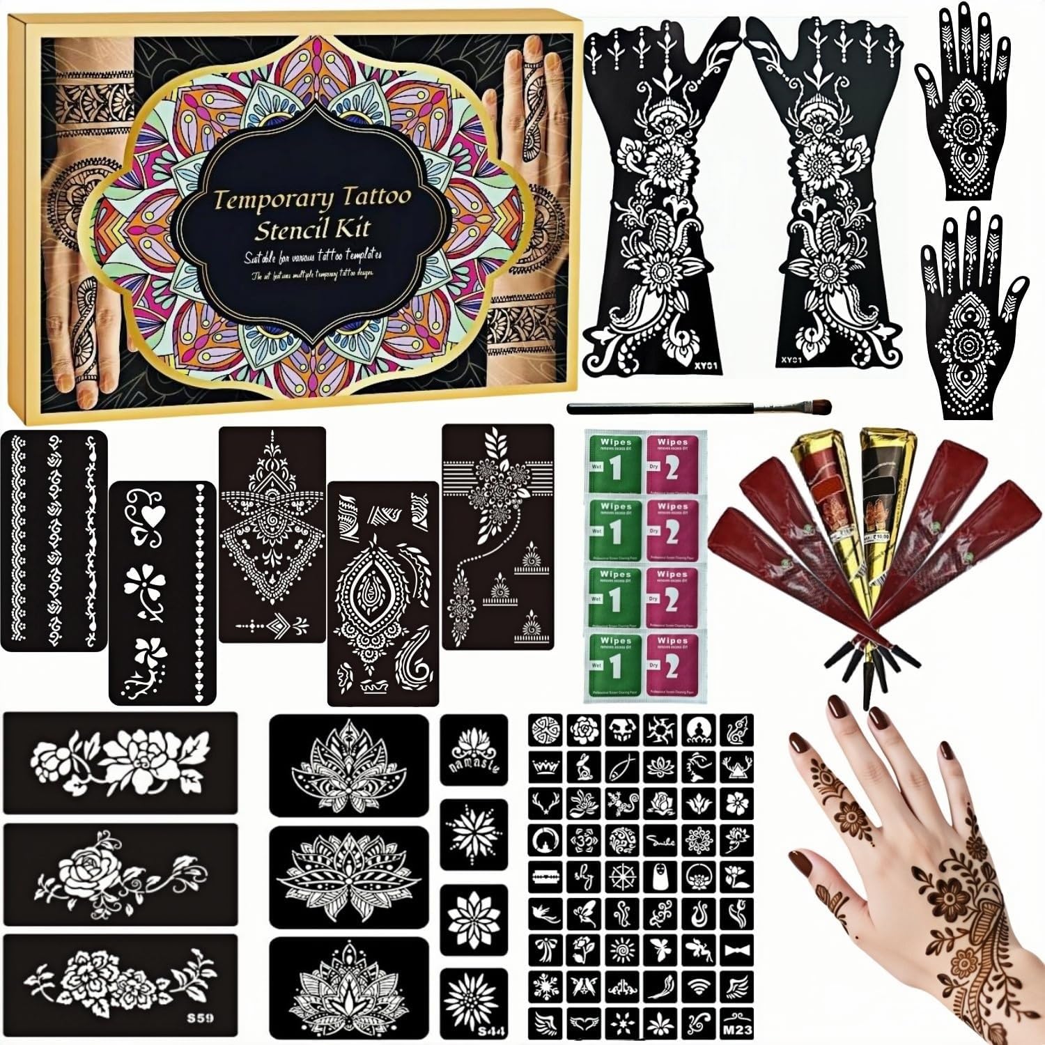 Temporary Tattoos Kit - Large 12 Sheets Temporary Tattoo Stencil Kit - 78 Unique Tattoo Designs - 6 Pcs (Brown/Black/Maroon) Ink with Paint Brush for DIY Body Art - Tattoos for Women Men Kids
