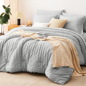 CozyLux Queen Comforter Set Light Grey Seersucker 7 Pieces Bed in a Bag Queen Comforter Set with Sheets Luxury Soft Bedding Set with Down Alternative Comforter, Sheets, Pillowcases & Shams All Seasons