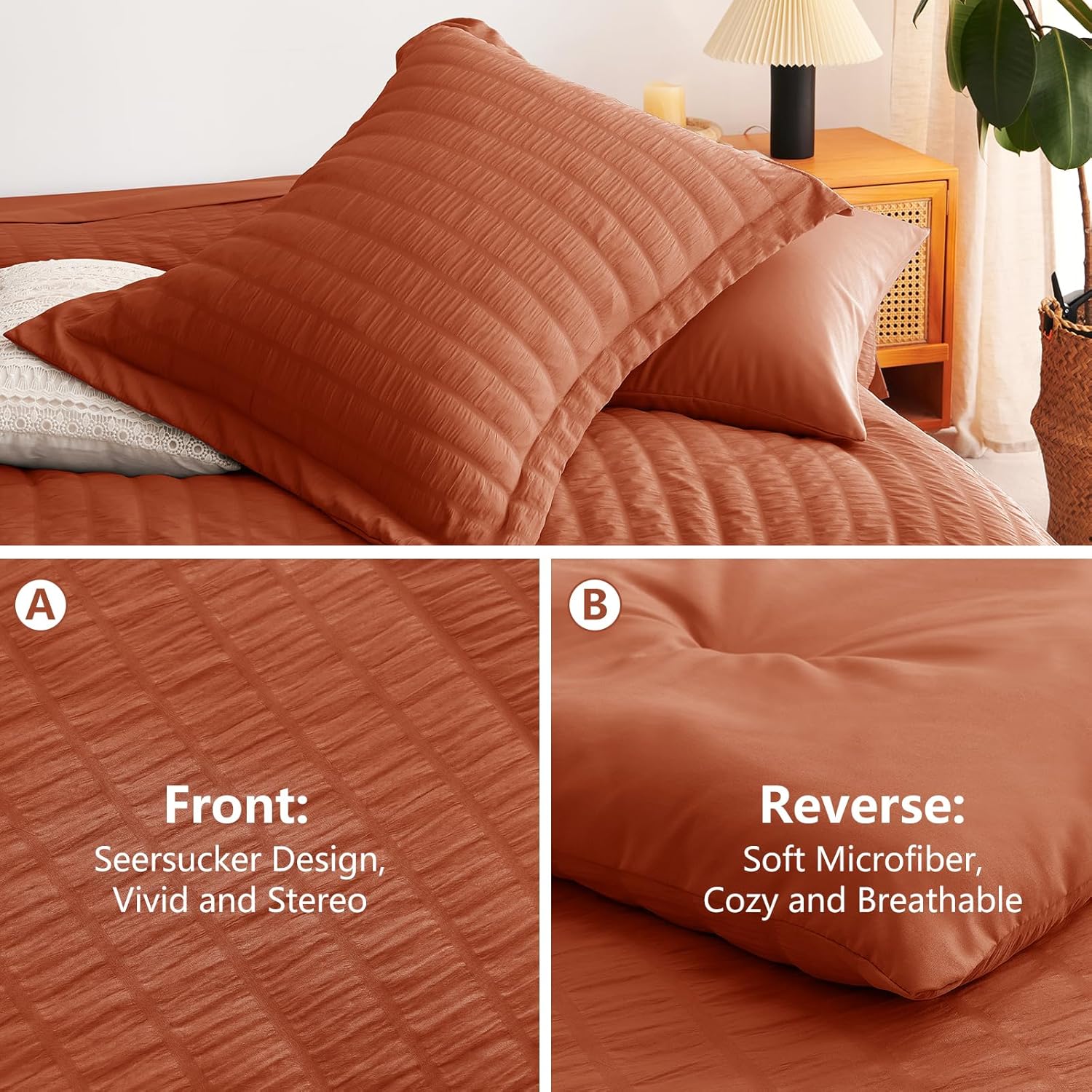 CozyLux Full Size Comforter Sets with Sheets Seersucker 7 Pieces Burnt Orange Bed in a Bag Luxury Terracotta Bedding Set with Down Alternative Comforter, Sheets, Pillowcases & Shams for All Seasons - Image 4