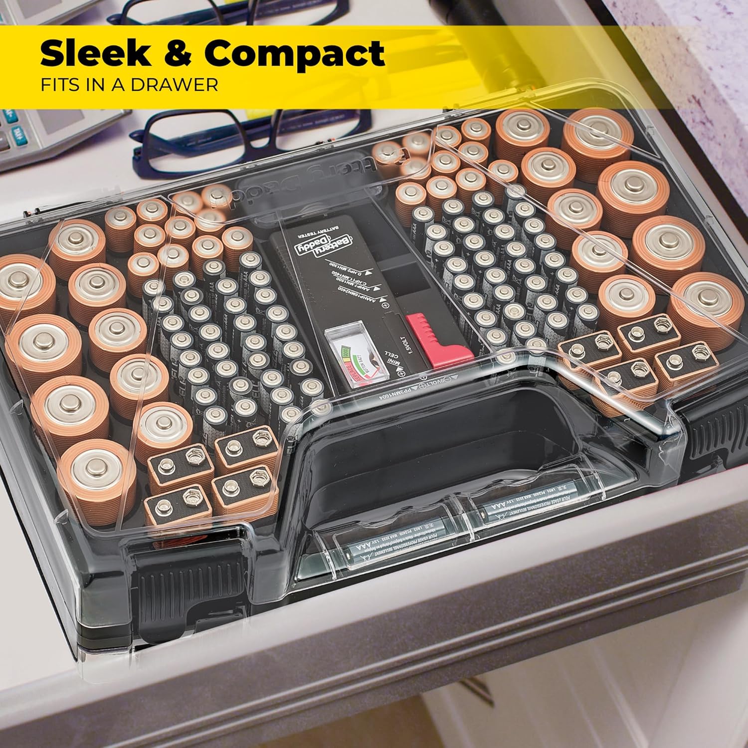 Ontel Battery Daddy Storage & Organizer Case with Tester, Stores & Protects Up to 180 Batteries, Double-Sided, Durable Design W/Clear Locking Lid, Secure Latches & Portable Carrying Handle - Charcoal - Image 3