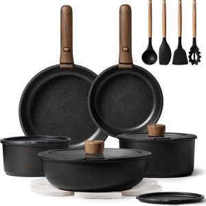 CAROTE 19pcs Pots and Pans Non Stick, Cookware Sets Detachable Handle, Induction Kitchen Pots and Pans,NonStick Cooking Set, Oven/Dishwasher/Fridge Safe, Space Saving