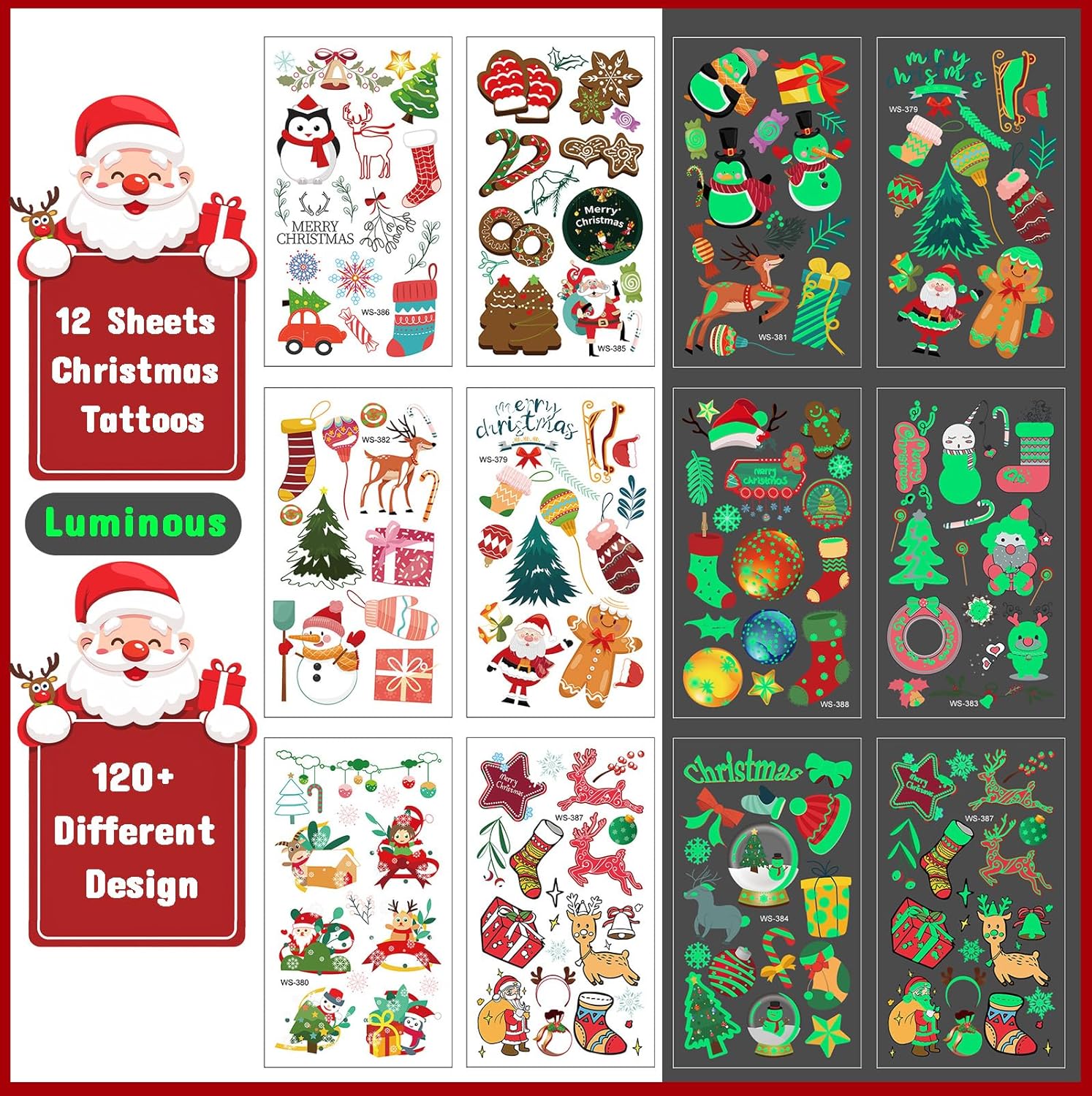 Luminous Christmas Temporary Tattoos 12 Sheets, Christmas Stocking Stuffers, Glow in the Dark Tattoos Stickers, Christmas Party Favors Decorations Supplies Gifts - Image 3