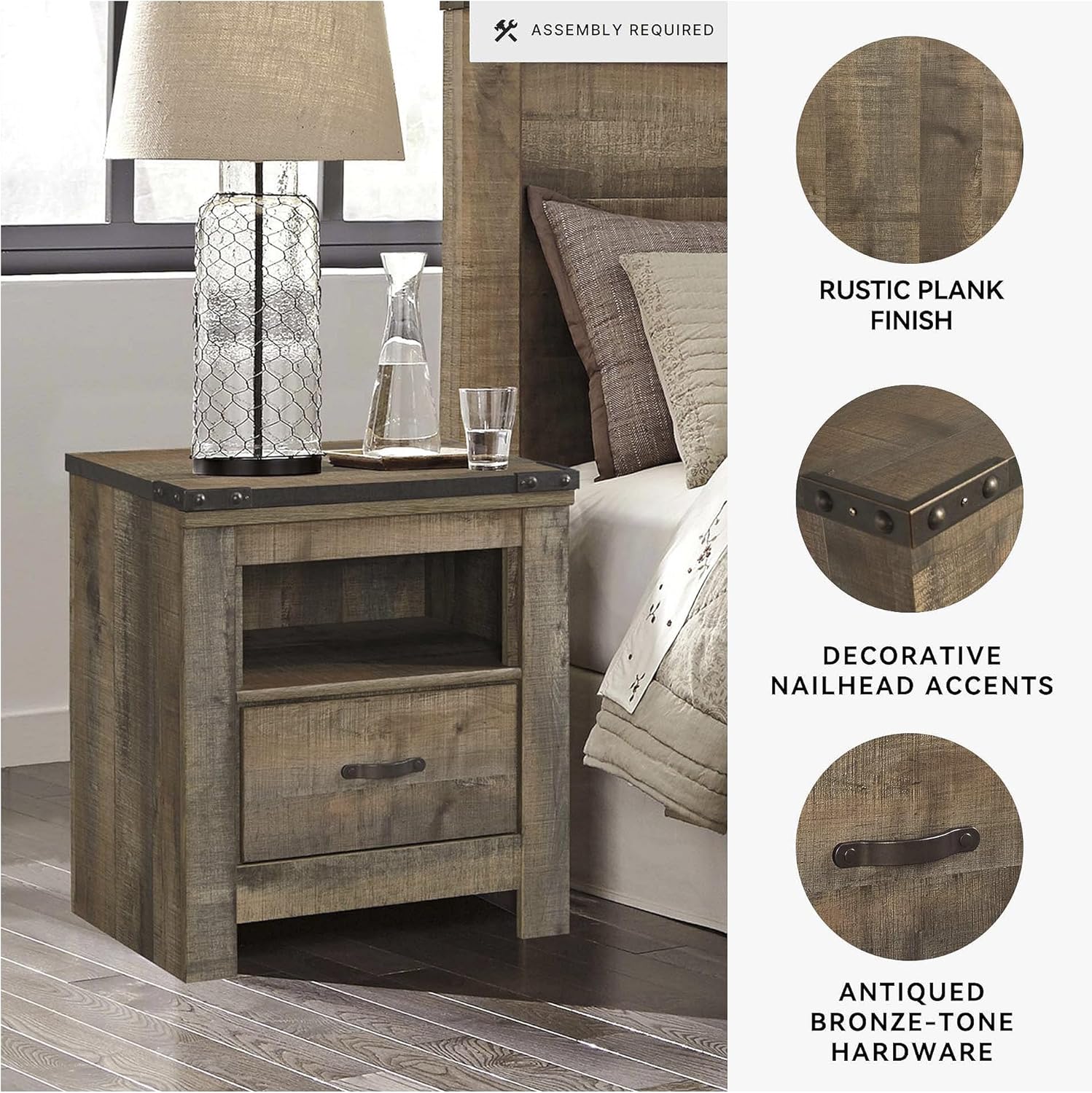 Signature Design by Ashley Trinell Rustic 1 Drawer Nightstand, USB Charing, Storage Cubby, Nailhead Accents, Wood, 24.72" W x 16.18" D x 26.22" H, Warm Brown - Image 4