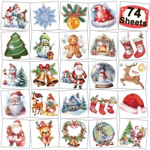 Glitter Christmas Temporary Tattoos for Kids - 74 Individually Sheets for Xmas Party Favors, Stocking Stuffer, Christmas Eve Gift