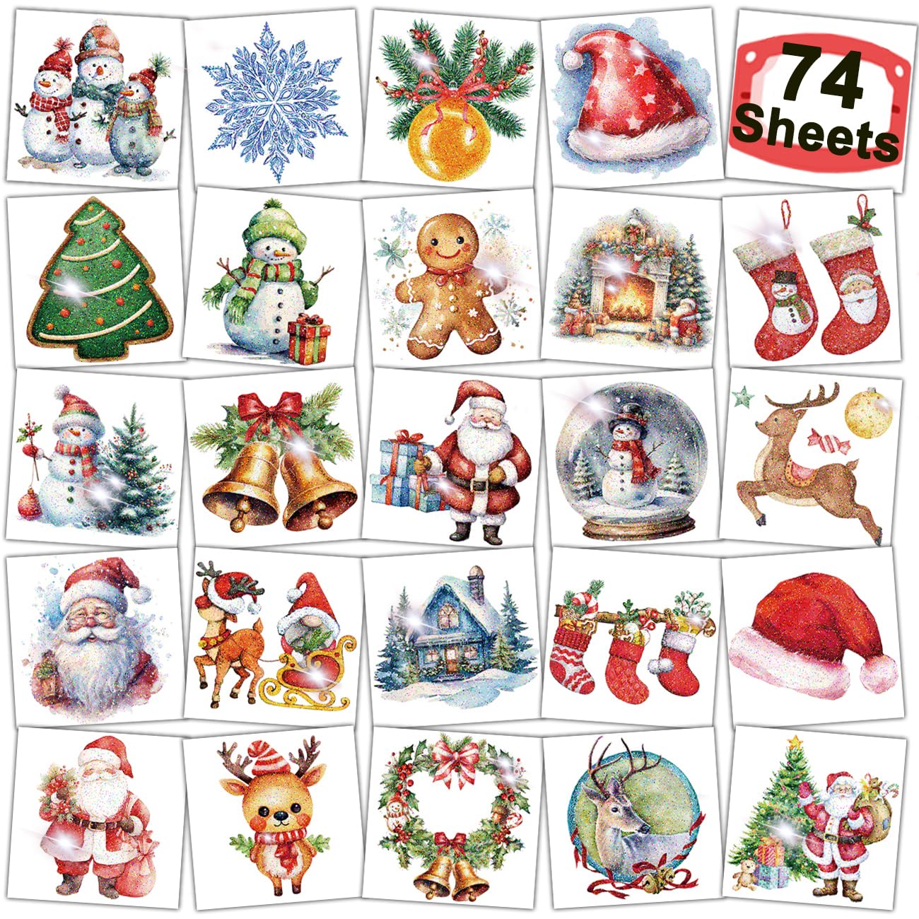 Glitter Christmas Temporary Tattoos for Kids - 74 Individually Sheets for Xmas Party Favors, Stocking Stuffer, Christmas Eve Gift