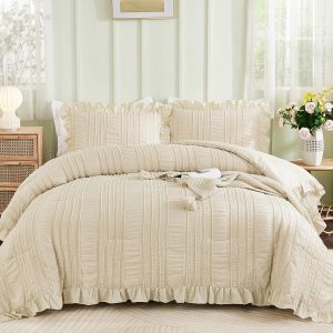 WONGS BEDDING Beige Ruffle Queen Comforter,Boho Shabby Chic Bedding for Queen Bed,Soft Seersucker Farmhouse Bedding Set with 1 Ruffled Comforter,2 Tufted Pillowcases 90"×90"