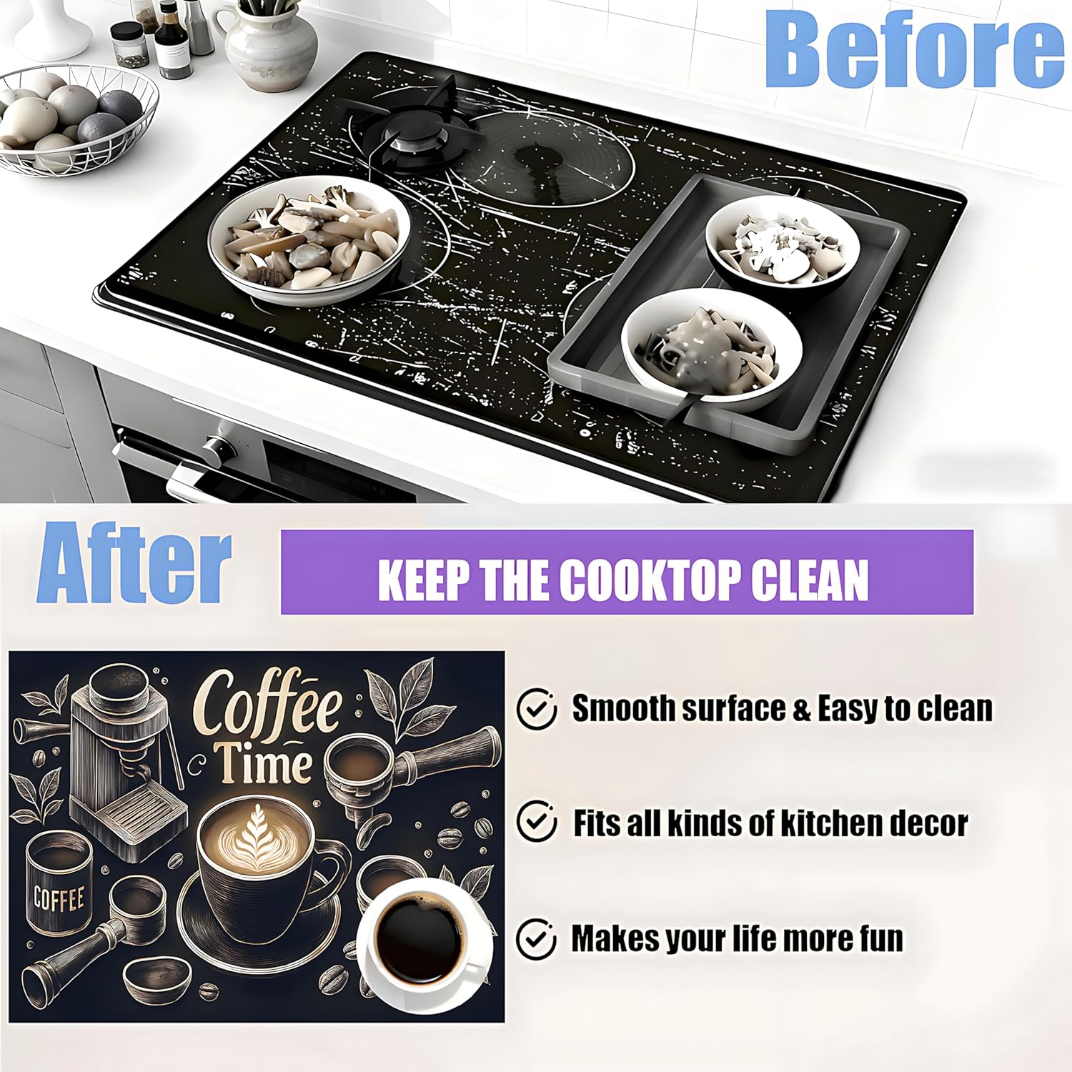 Stove Top Cover for Electric Stove: Coffee Time Themed Stove Cover, 28" x 20" - Counter Protection for Kitchen - Image 4