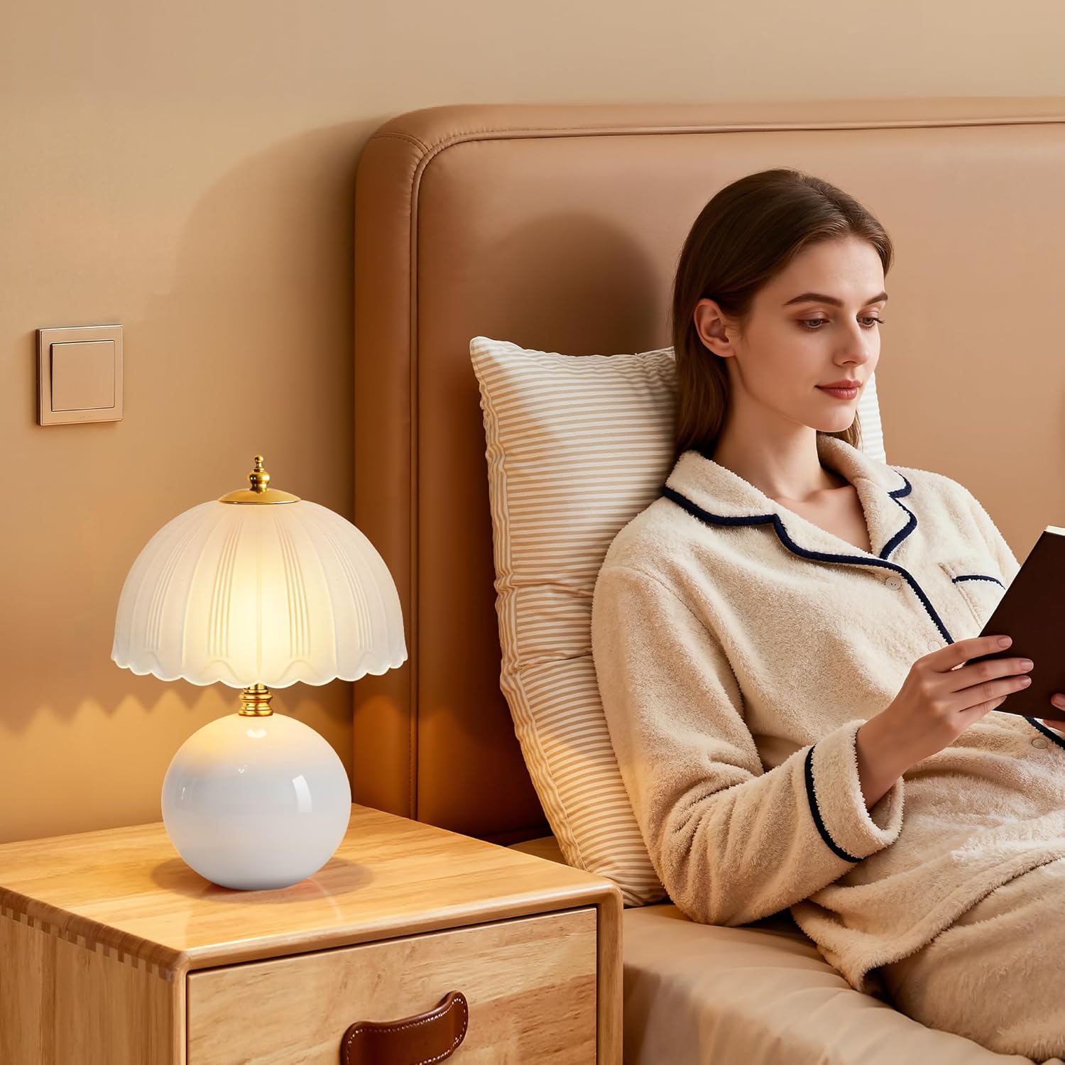 PARTPHONER Mushroom Table Lamp, Ceramic Bedside Lamp with Glass Shade, 3-Way Lighting (2700K-5000K) Rocker Switch, Small Nightstand Lamp for Bedroom, Living Room, Office, White - Image 9