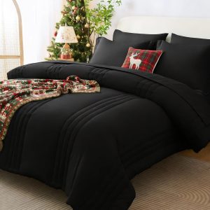 CozyLux Queen Size Comforter Sets - 7 Piece Bed in a Bag Black Comforter Set with Sheets Queen Bed Set All Seasons, Soft Bedding Set with Down Alternative Comforter, Sheets, Pillowcases & Shams