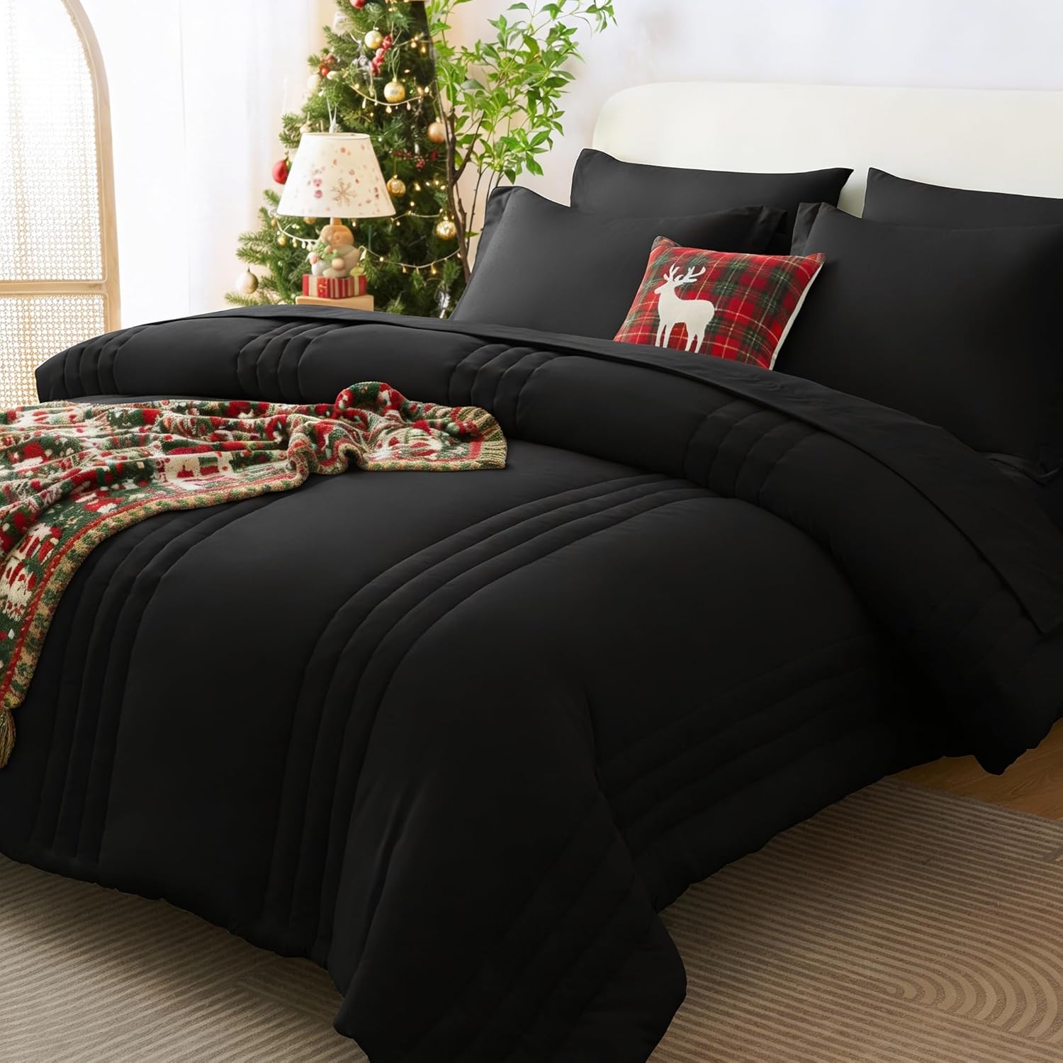 CozyLux Queen Size Comforter Sets – 7 Piece Bed in a Bag Black Comforter Set with Sheets Queen Bed Set All Seasons, Soft Bedding Set with Down Alternative Comforter, Sheets, Pillowcases & Shams