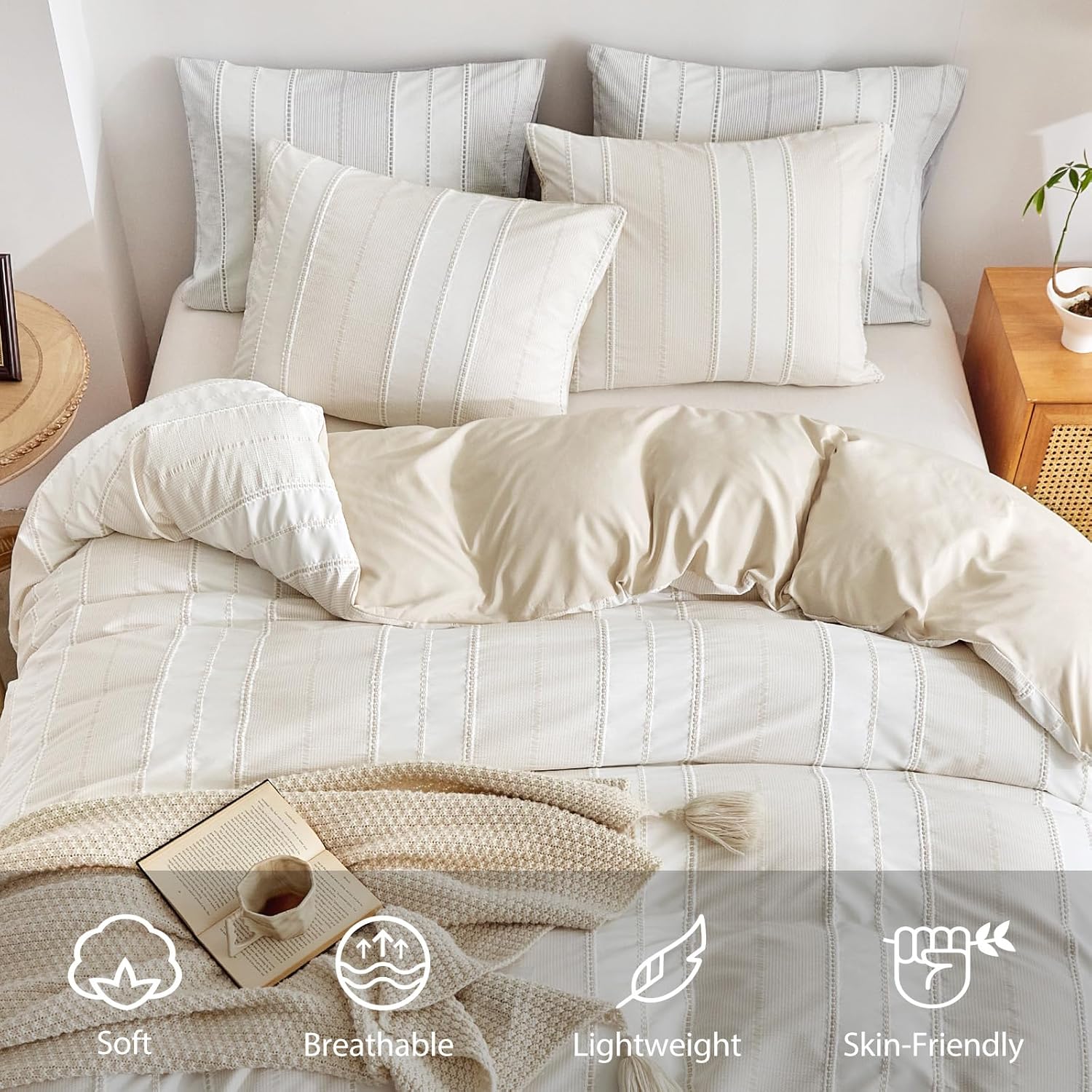 WARMDERN Khaki Striped Weave Duvet Cover Queen Size, White Knit Boho Duvet Cover Set, Microfiber Textured Bedding Set with Zipper Closure and Corner Ties (Khaki, Queen) - Image 3