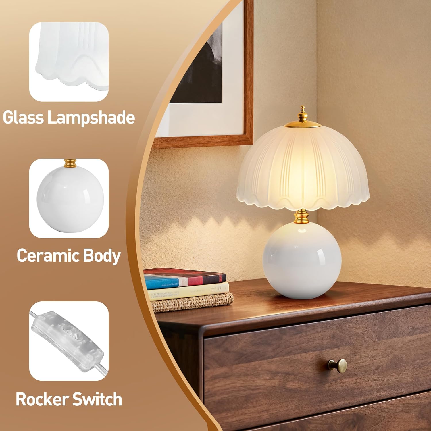 PARTPHONER Mushroom Table Lamp, Ceramic Bedside Lamp with Glass Shade, 3-Way Lighting (2700K-5000K) Rocker Switch, Small Nightstand Lamp for Bedroom, Living Room, Office, White - Image 4