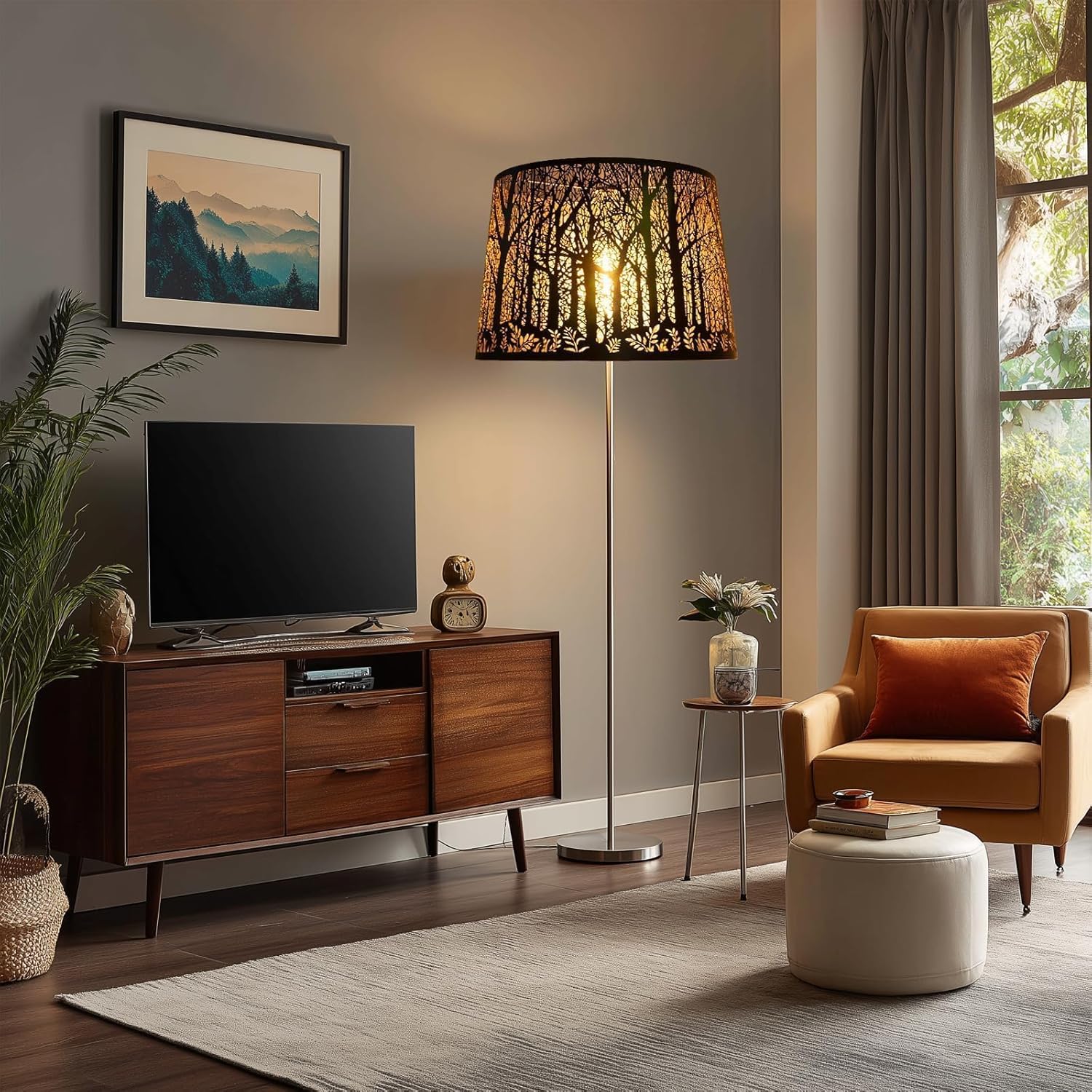 Oversized Large Lampshade Drum Metal Lamp Shade With Etched Metal Openwork Dense Jungle Pattern 14" Top X 16" Bottom X 11" High For Floor Lamps Replacement, Spider - Image 4