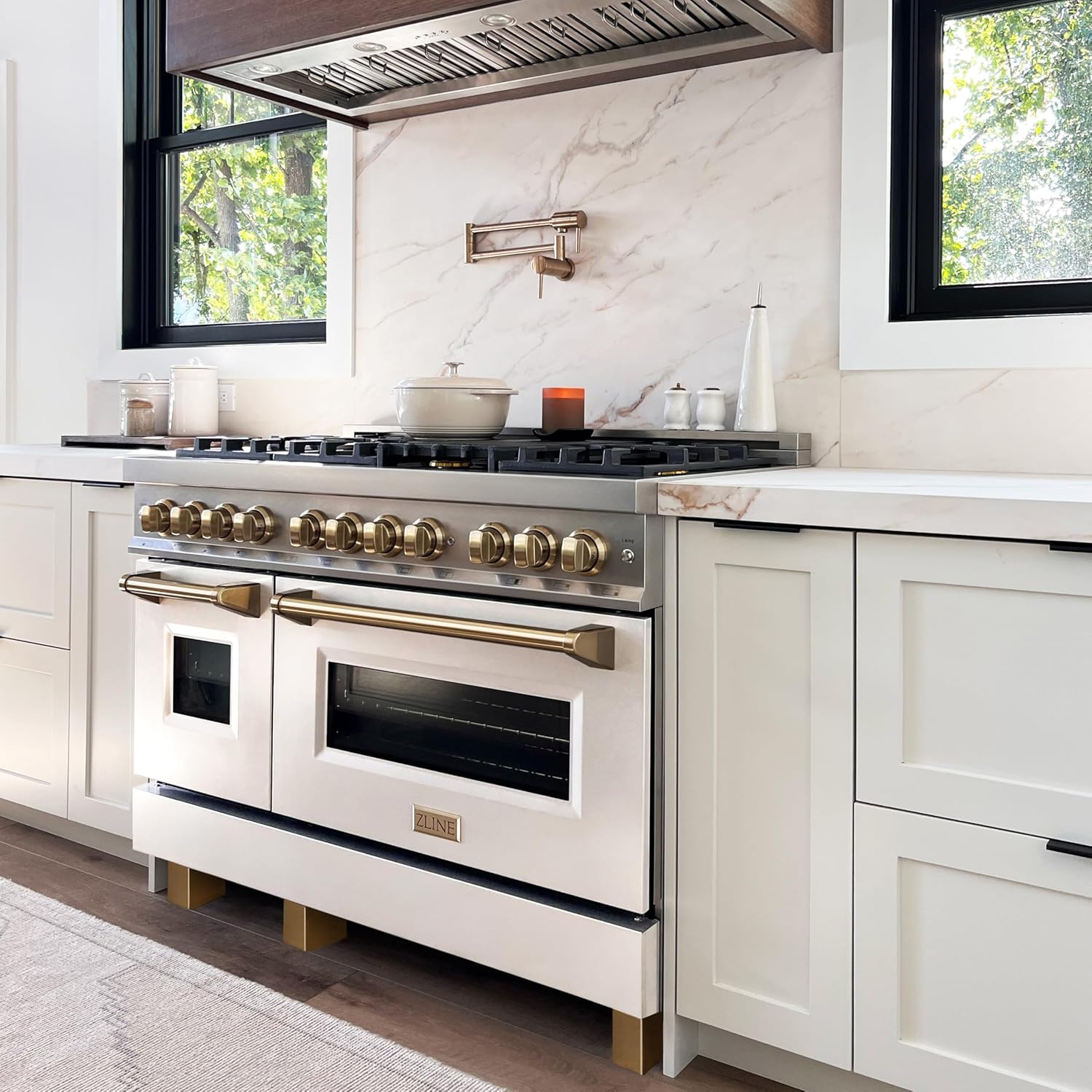 ZLINE Autograph Edition 48 in. 6.0 cu. ft. Legacy Dual Fuel Range with 7 Burner Gas Cooktop and 2 Electric Ovens in Stainless Steel with White Matte Doors and Champagne Bronze Accents (RAZ-WM-48-CB) - Image 7