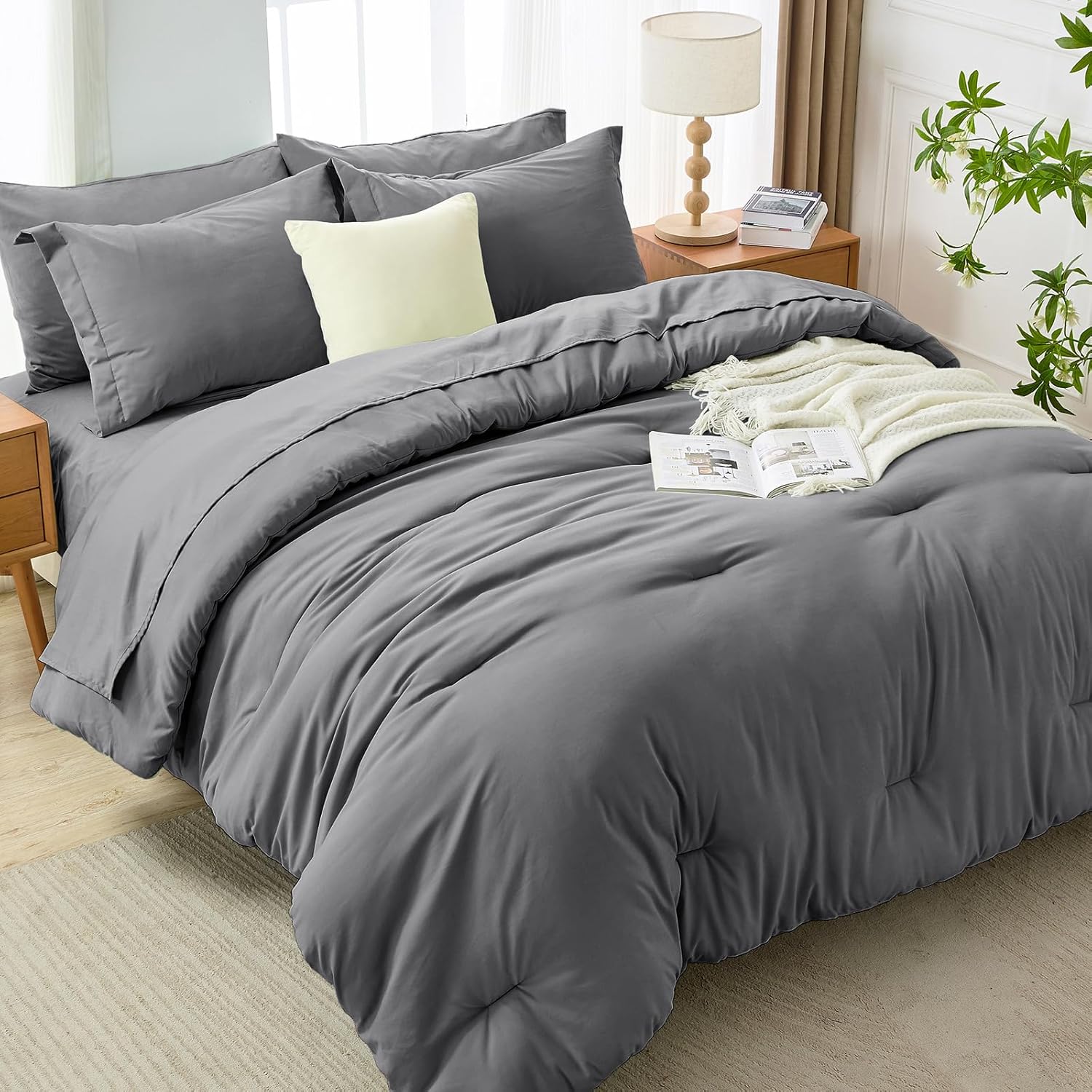 MUXHOMO 7 Pieces Queen Comforter Set, Soft Bed in a Bag Queen Size, All Season Bedding Set with Comforter, Flat Sheet, Fitted Sheet, Pillowcases & Shams, Dark Grey - Image 7