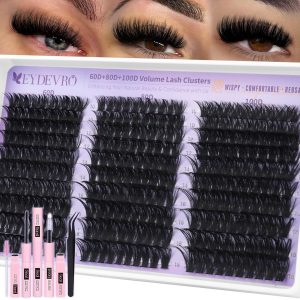EYDEVRO Lash Clusters Kit 60D80D100D Volume Lash Extension Kit Wispy Cluster Eyelash Extensions Eyelash Extension Kit 10-18mm D Curvature Cluster Lashes with Lash Bond and Seal Tweezers Brushes